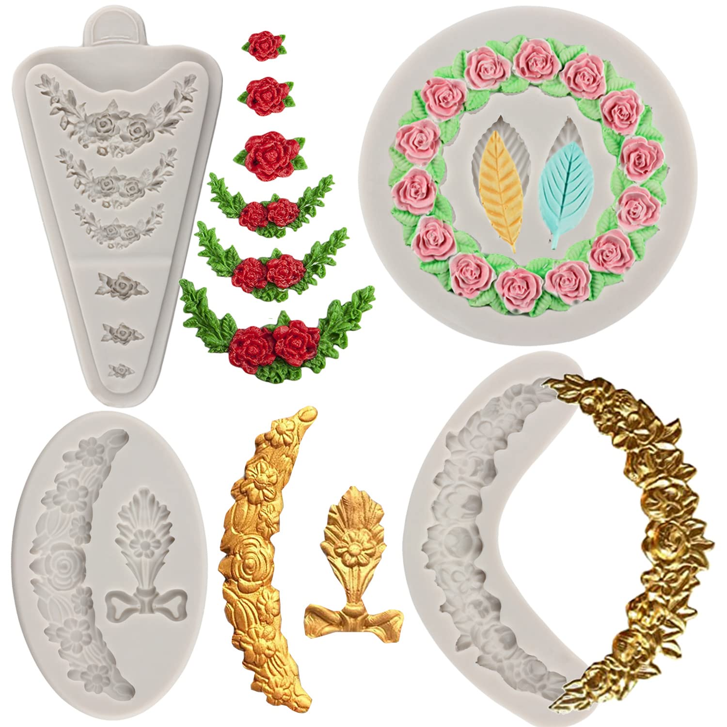 Sijiangmold Rose Wreath Leaves Silicone Molds Flower Garland Fondant Mold For Wedding Valentine Party Cake Decorating Candy Cupc
