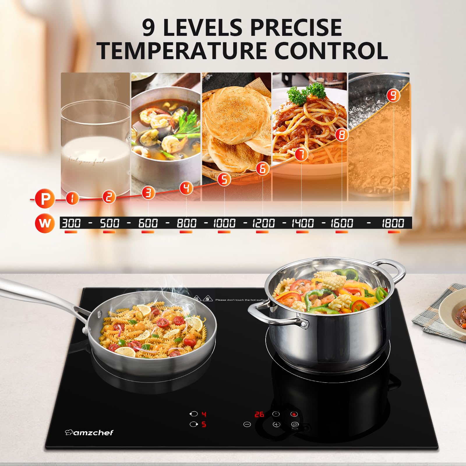 Double Induction Cooktop AMZCHEF Induction Stove Top 2 Burners for RV  Built-in Electric Cooktops With 9 Power Levels  Sensor Touch  99-min Timer  Safety Lock  Ceramic Glass  120V  Shared 1800W