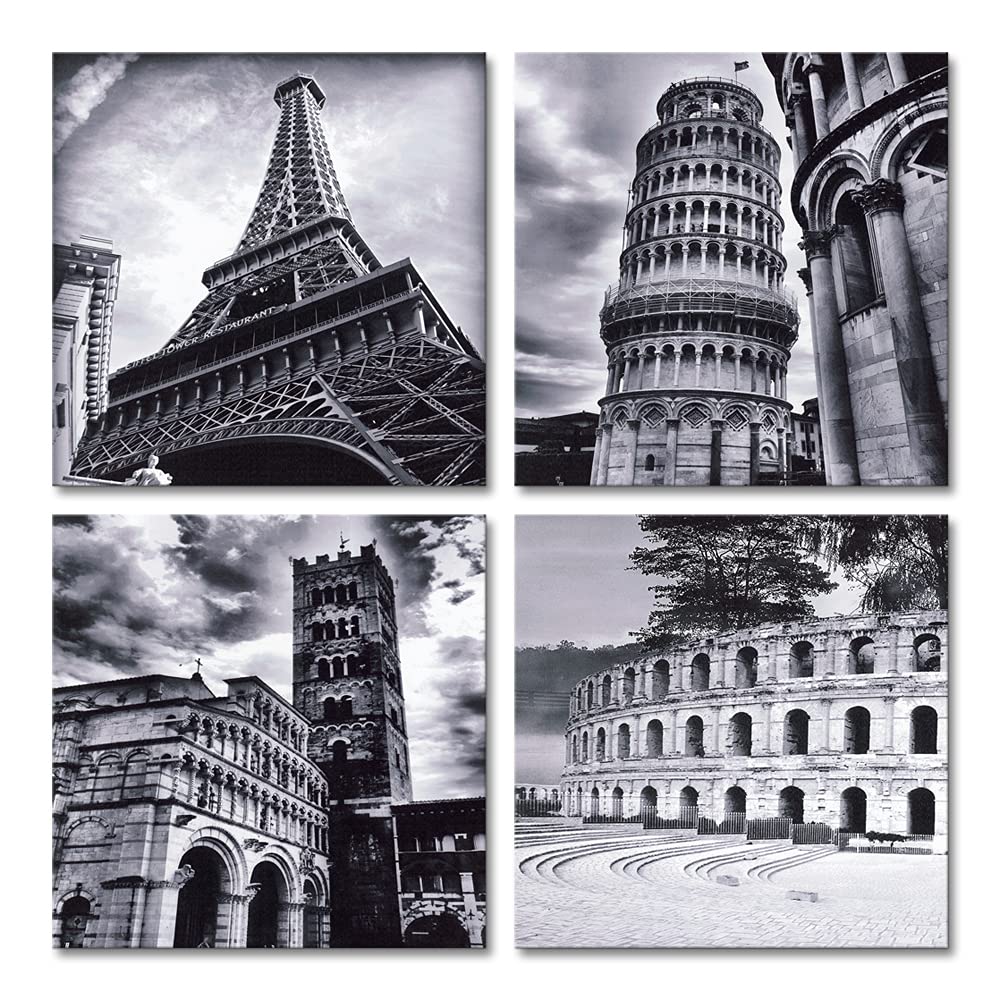 Wieco Art Architectures Modern 4 Panels Giclee Canvas Prints Europe Buildings Black And White Landscape Pictures Paintings On Ca