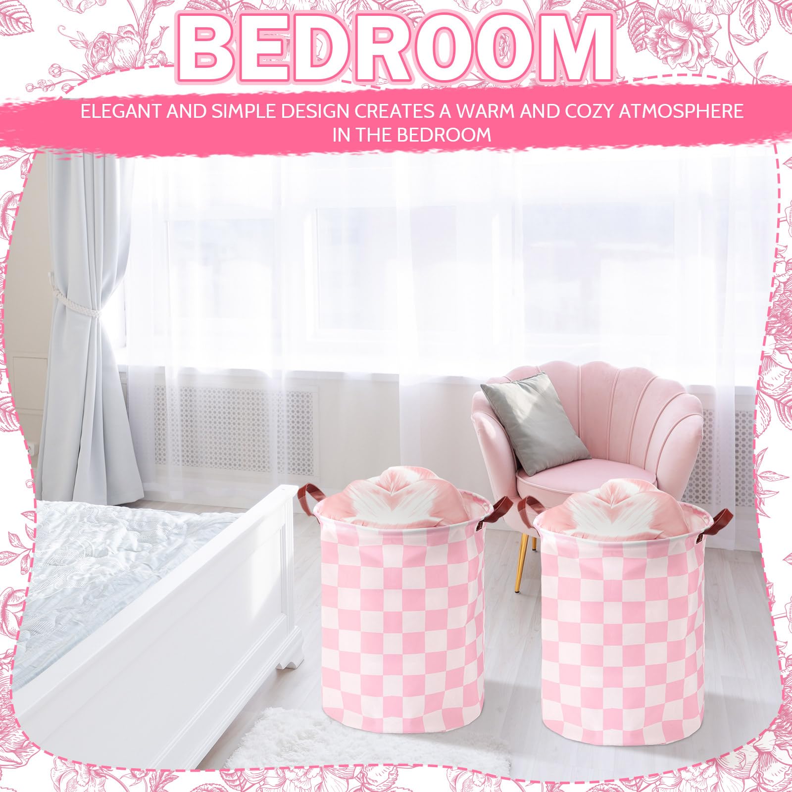 Croblissful 2 Pcs Pink Gingham Laundry Basket Checked Storage Basket For Girls Nursery Hamper With Handles Foldable Waterproof C