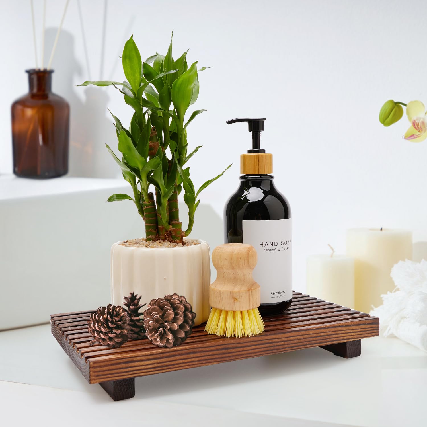 Renawe Farmhouse Bathroom Counter Tray Wood Display Pedesta Stand Kitchen Countertop Trays Decorative Wooden Riser Dish Soap Dis