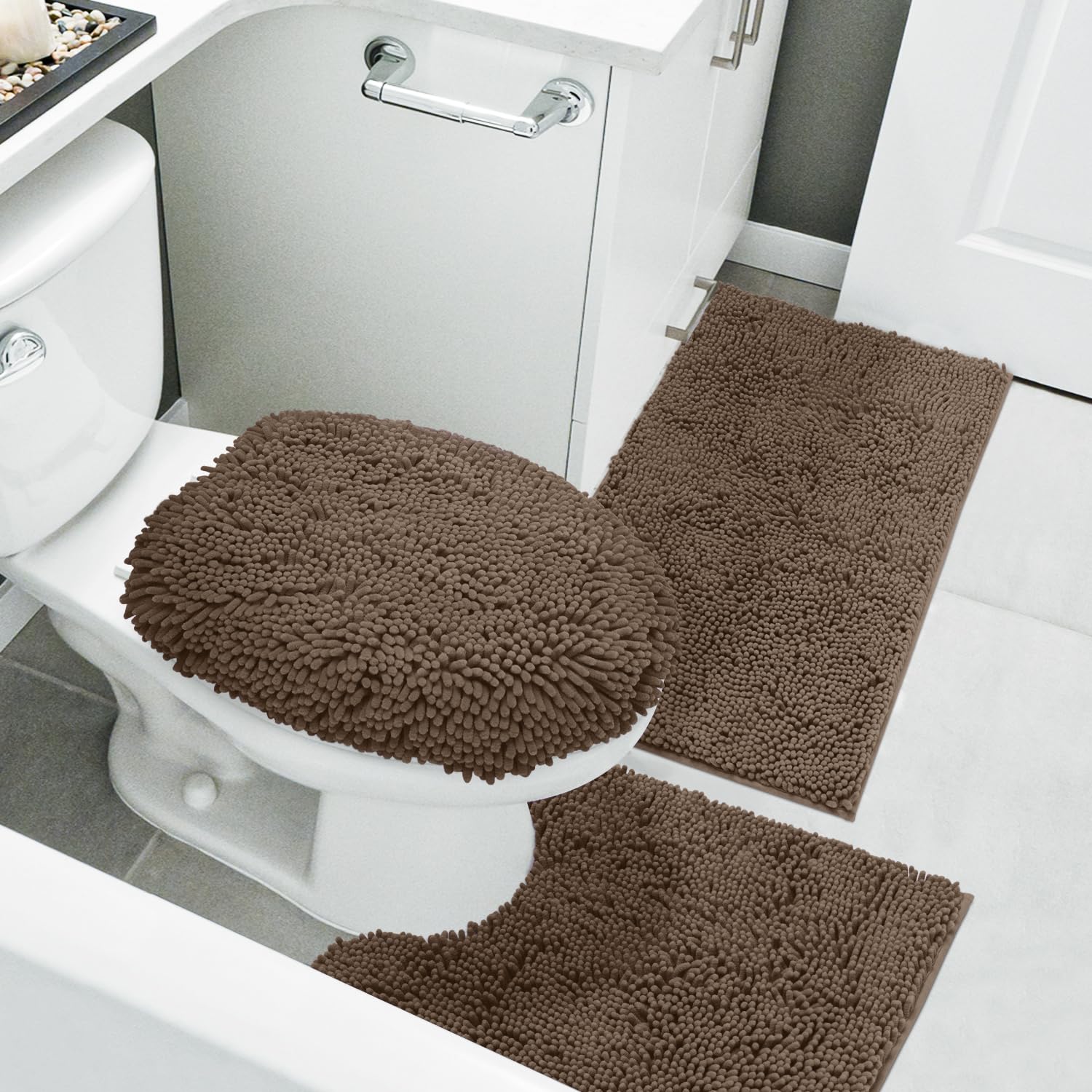 Homeideas 3 Pieces Brown Bathroom Rugs Set, Ultra Soft Non Slip Bath Rug And Absorbent Chenille Bath Mat, Includes U-Shaped Cont