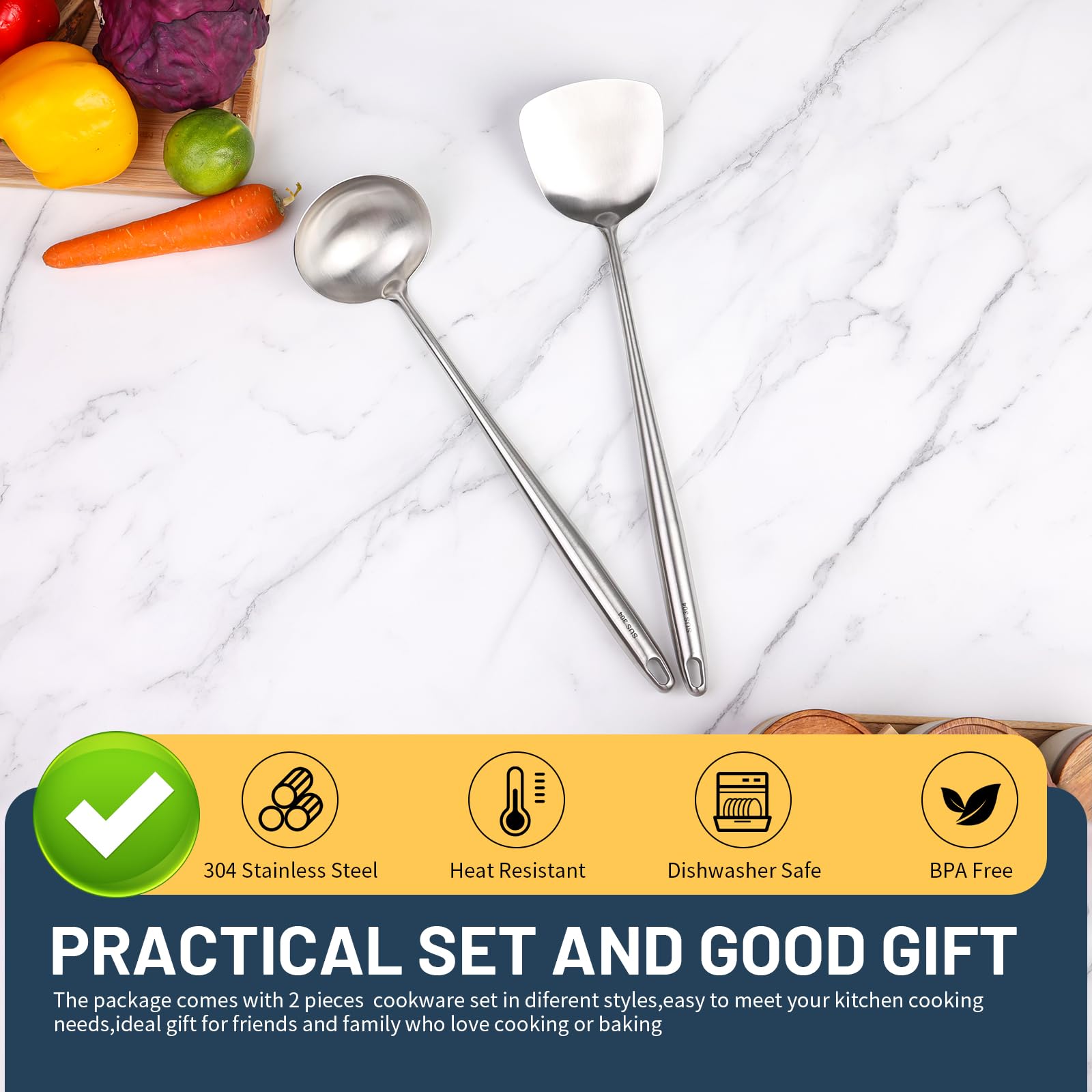 Wok Spatula And Ladle Tools Set,17 Long Handle 304 Stainless Steel Wok Spatula And Ladle Set For Wok Cooking,Heat Resistant Wok
