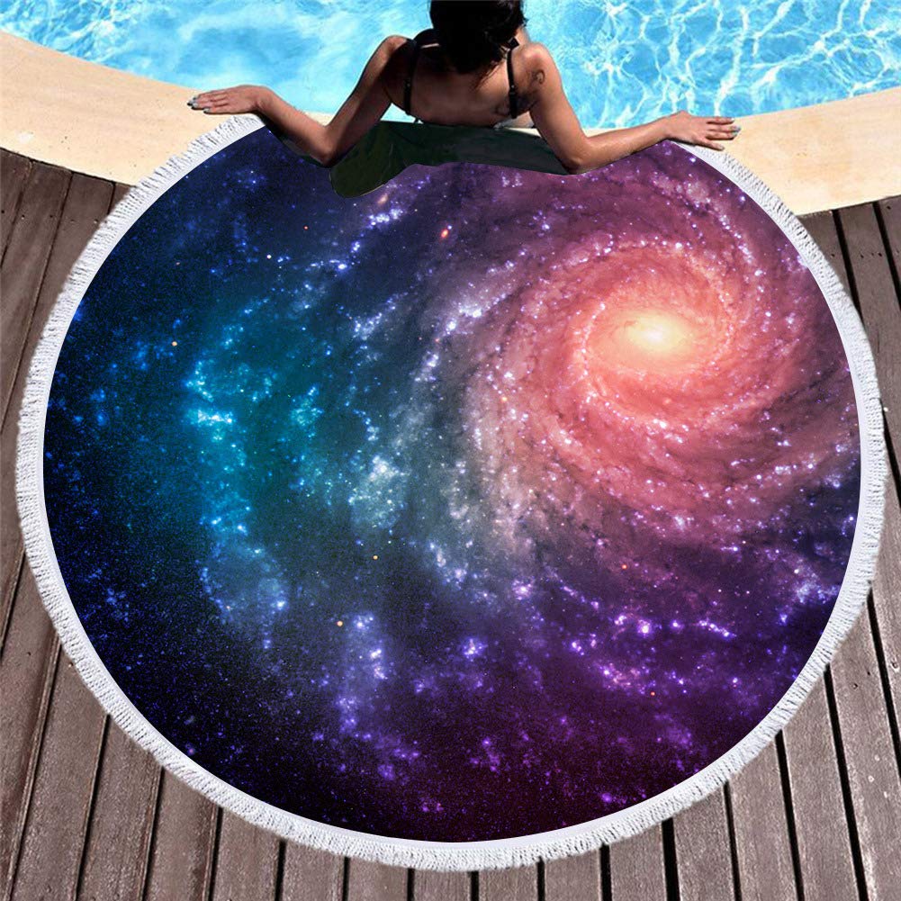 Violet Mist Purple Galaxy Round Beach Towel With Fringe 60 Inch Soft Microfiber Sand Free Funny Large Circle Beach Blanket Throw