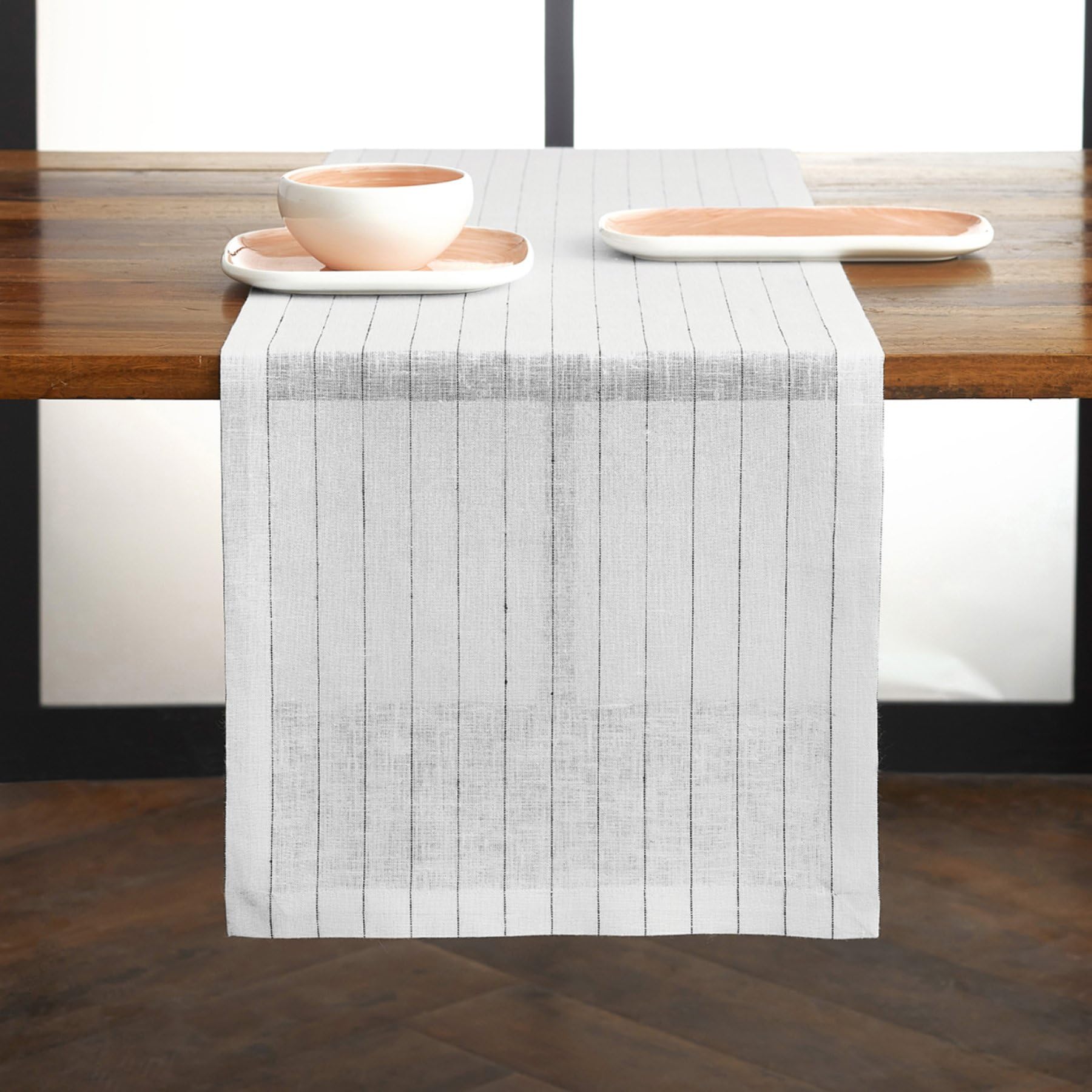 Solino Home Pinstripe Linen Table Runner 108 Inches Long - 100% Pure Linen White And Black Table Runner 14 X 108 Inch - Machine
