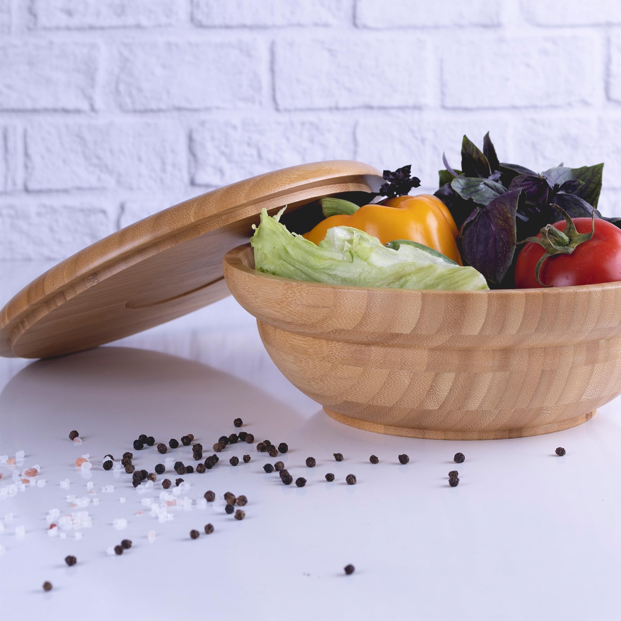 Bambum Minola Bamboo Salad And Fruit Bowl With Lid, 9.6'' Diameter X 3.7'' Height, Natural Bamboo Wood Salad And Fruit Bowl, Woo