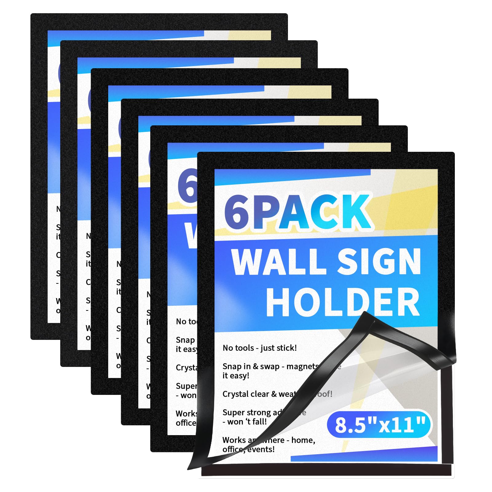 CRUGLA 8.5x11 Magnetic Sign Holders Set of 6, Self-Adhesive Clear PVC Wall Display Frames Black, for Office, Store, Home