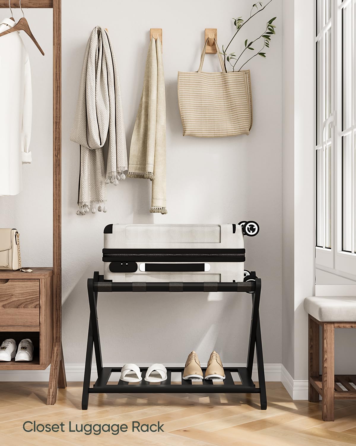 Smart Fendee Fully Assembled Black Bamboo Luggage Rack, 5 Straps Suitcase Stand With Shoe Shelf, Folding Heavy Duty Luggage Stan