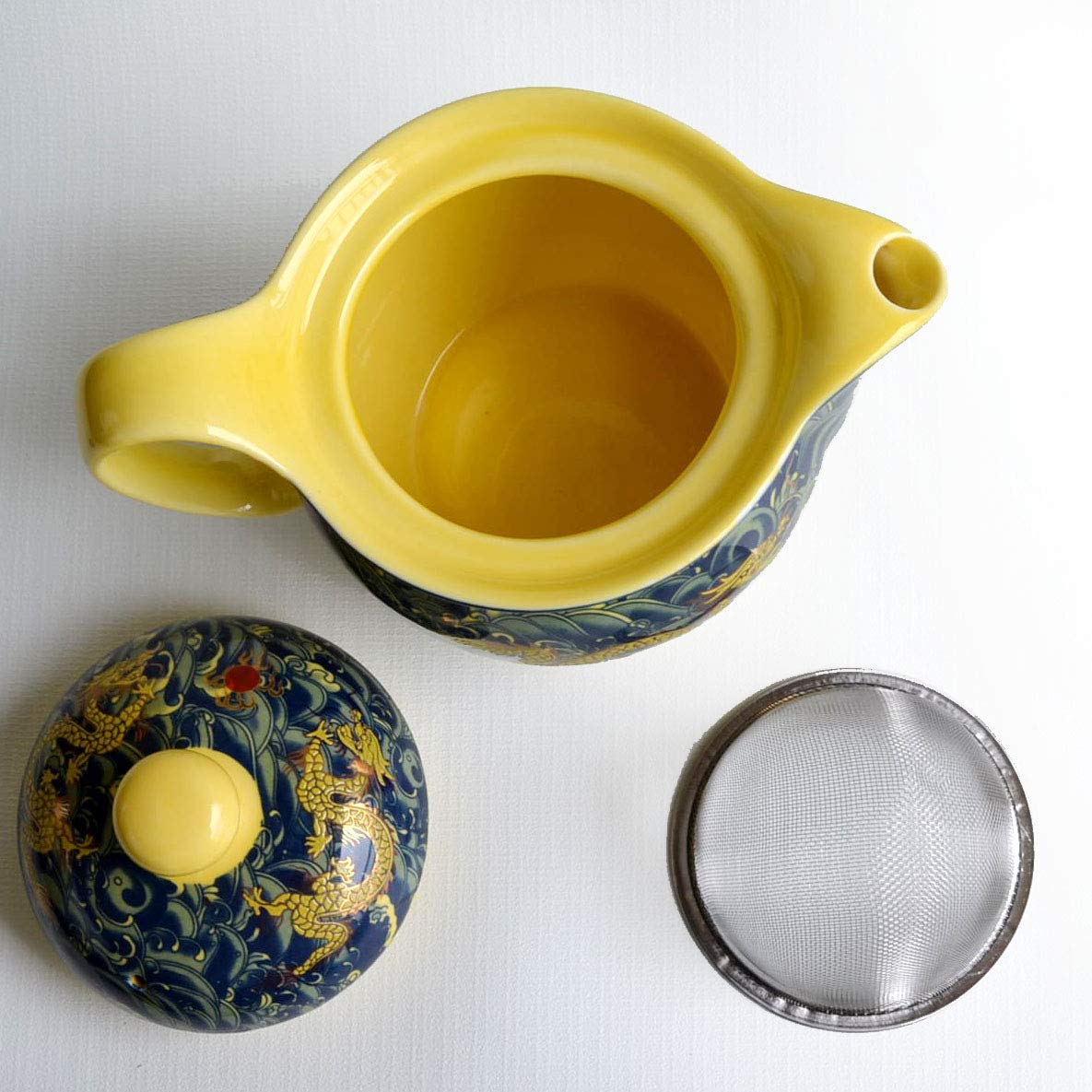Porcelain Teapot 12Oz Chinese Dargon Waves Pattern Stainless Mash Infuser For Loose Tea (Deep Waves Dargon)