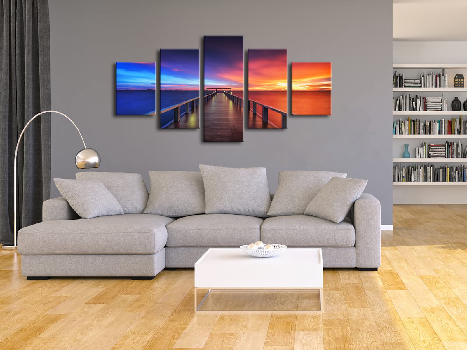 Pyradecor Sunset Bridge Large Modern 5 Piece Gallery Wrapped Seascape Artwork Giclee Canvas Prints Red And Blue Landscape Pictur