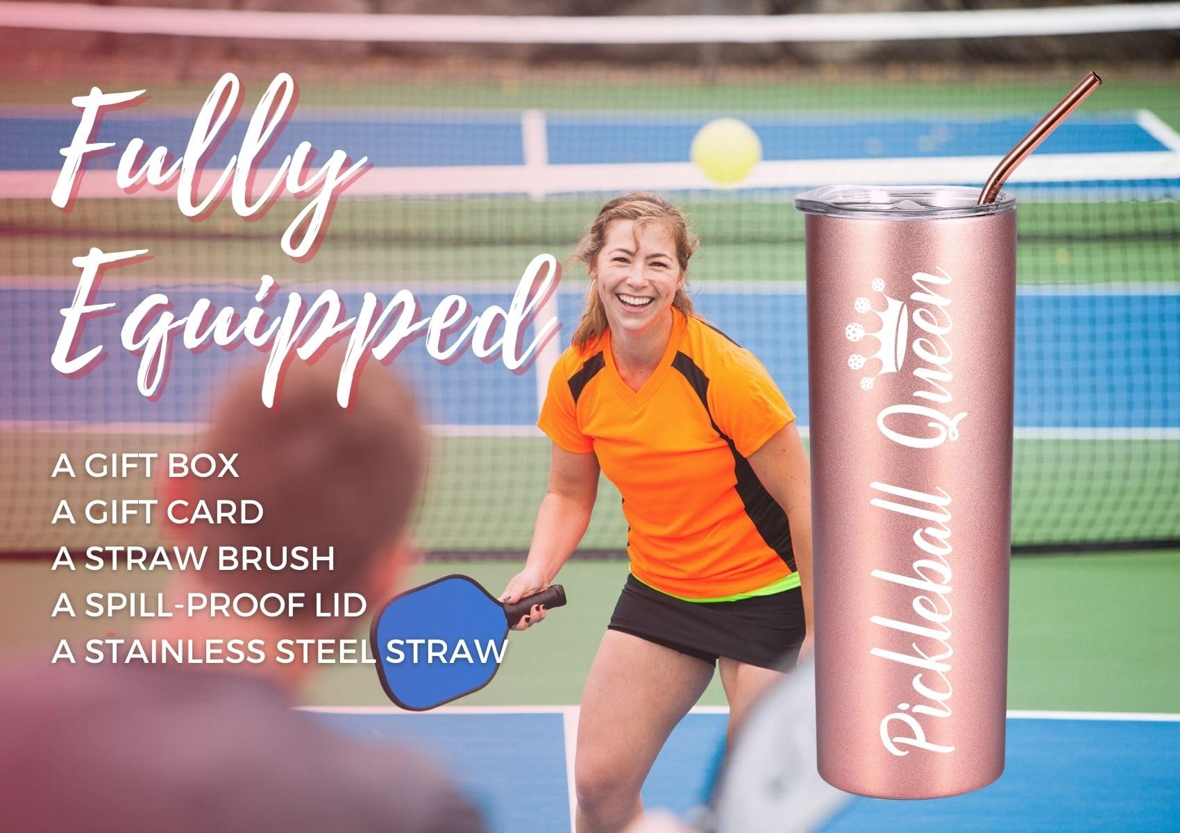 Onebttl Pickleball Gifts For Women - 20 Oz Stainless Steel Skinny Tumbler With Lid, Pickleball Queen (Rose Gold)