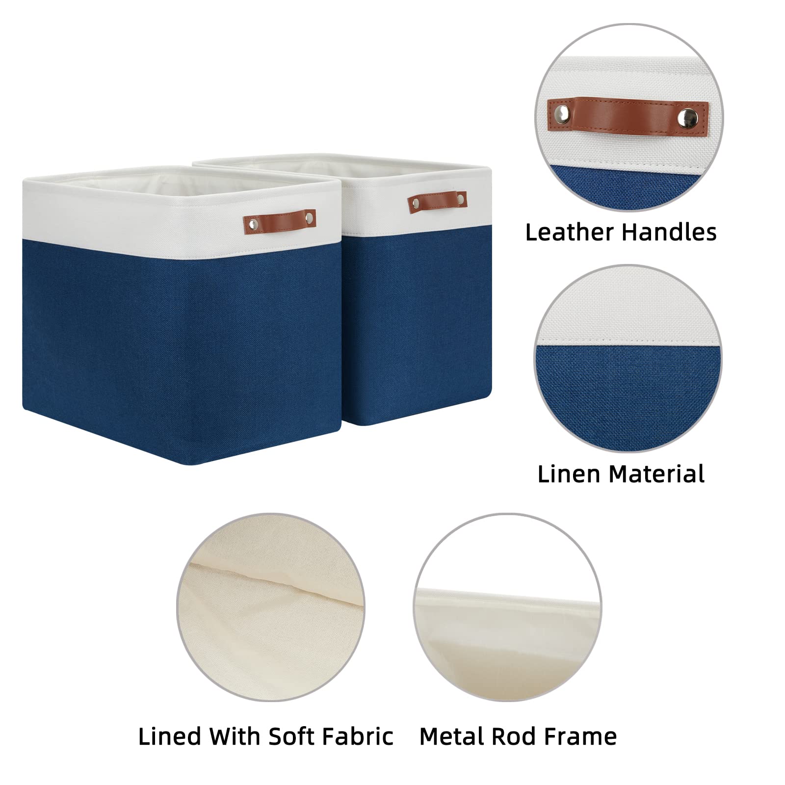 Hnzige Storage Baskets For Organizing, Set Of 2, Foldable Storage Bins Navy Blue Tall Baskets For Shelves, Canvas Collapsible St