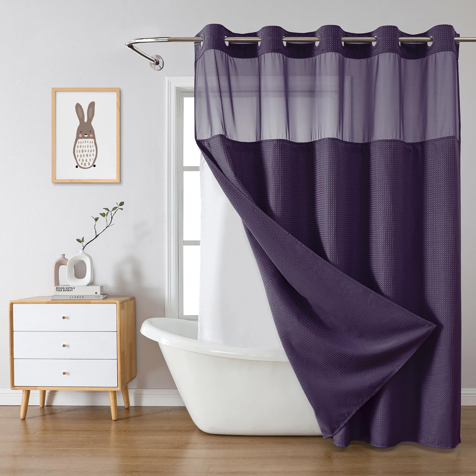 Eachope Purple No Hook Waffle Weave Shower Curtain With Snap-In Liner Replacement, 230Gsm Waterproof Fabric Hotel Shower Curtain