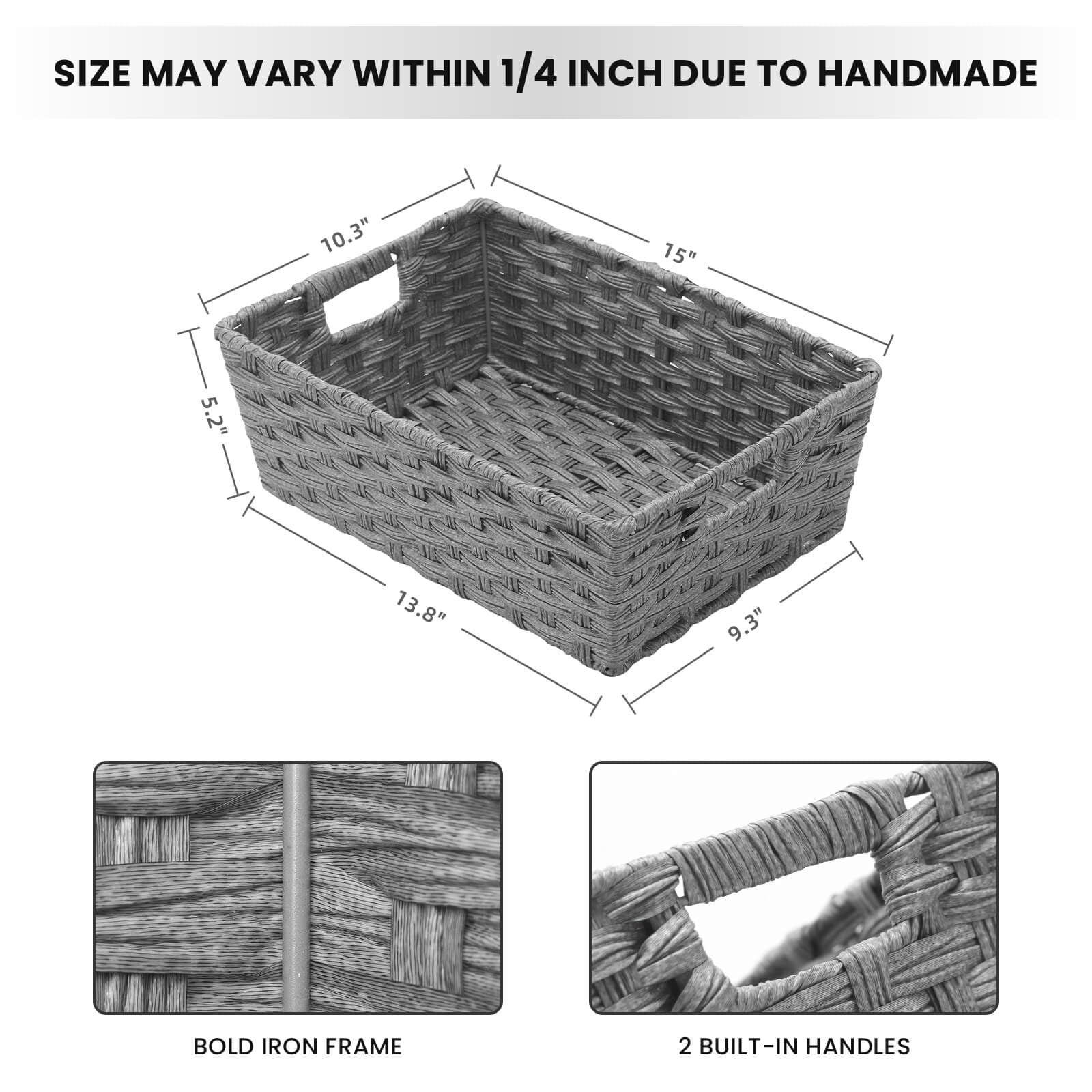 Onlytak Large Wicker Storage Basket, Metal Frame, Set Of 2, Washable Waterproof, 15'' X 10.3'' X 5.2'', Grey Color, Woven Basket