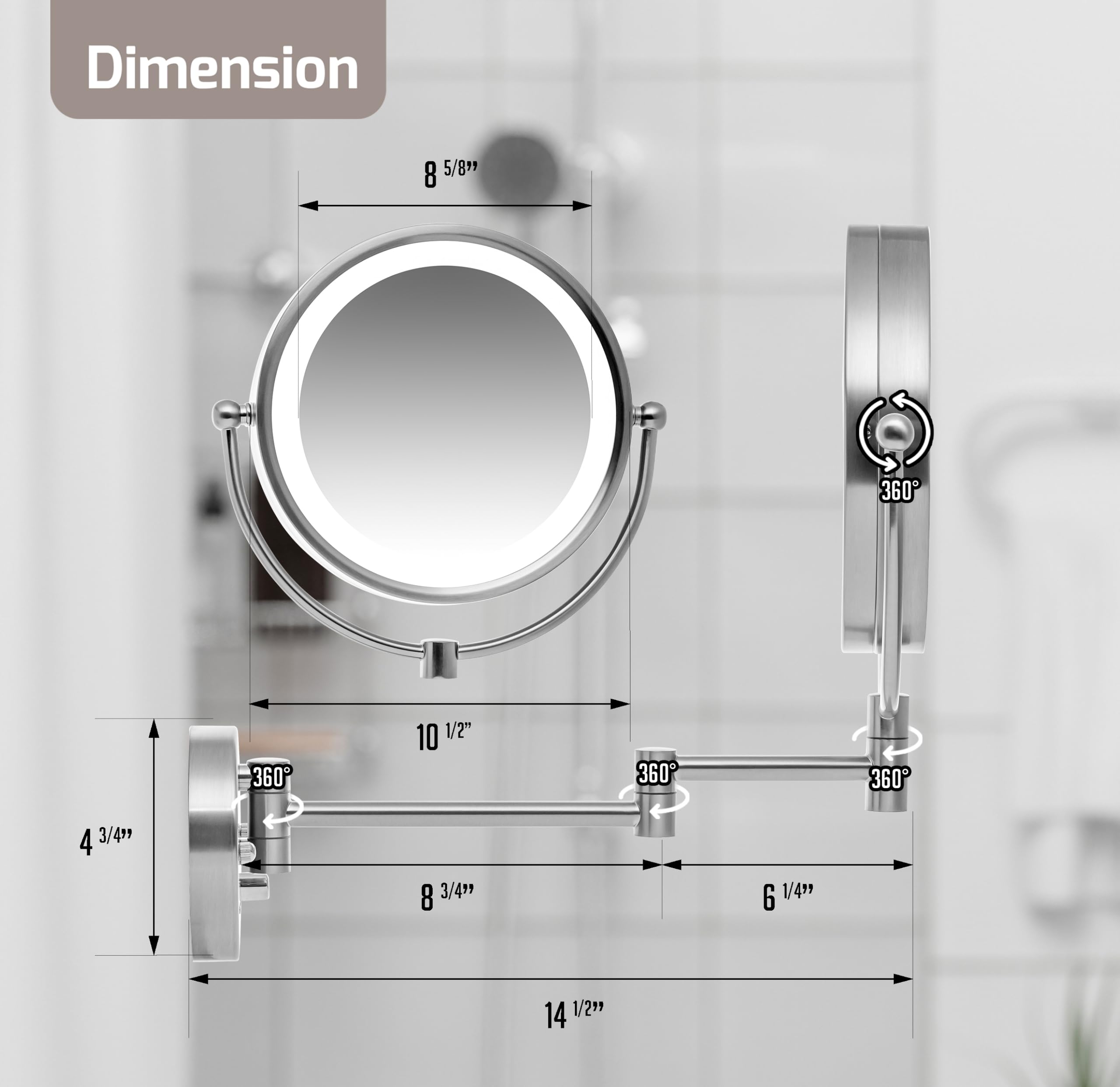 OVENTE 8.5'' Hardwired Lighted Wall Mount Makeup Mirror  1X & 7X Magnifier  Spinning Double Sided Round White LED  Dimmer Switch  Extend & Fold  Retractable Arm  Nickel Brushed MPWD3185BR1X7X