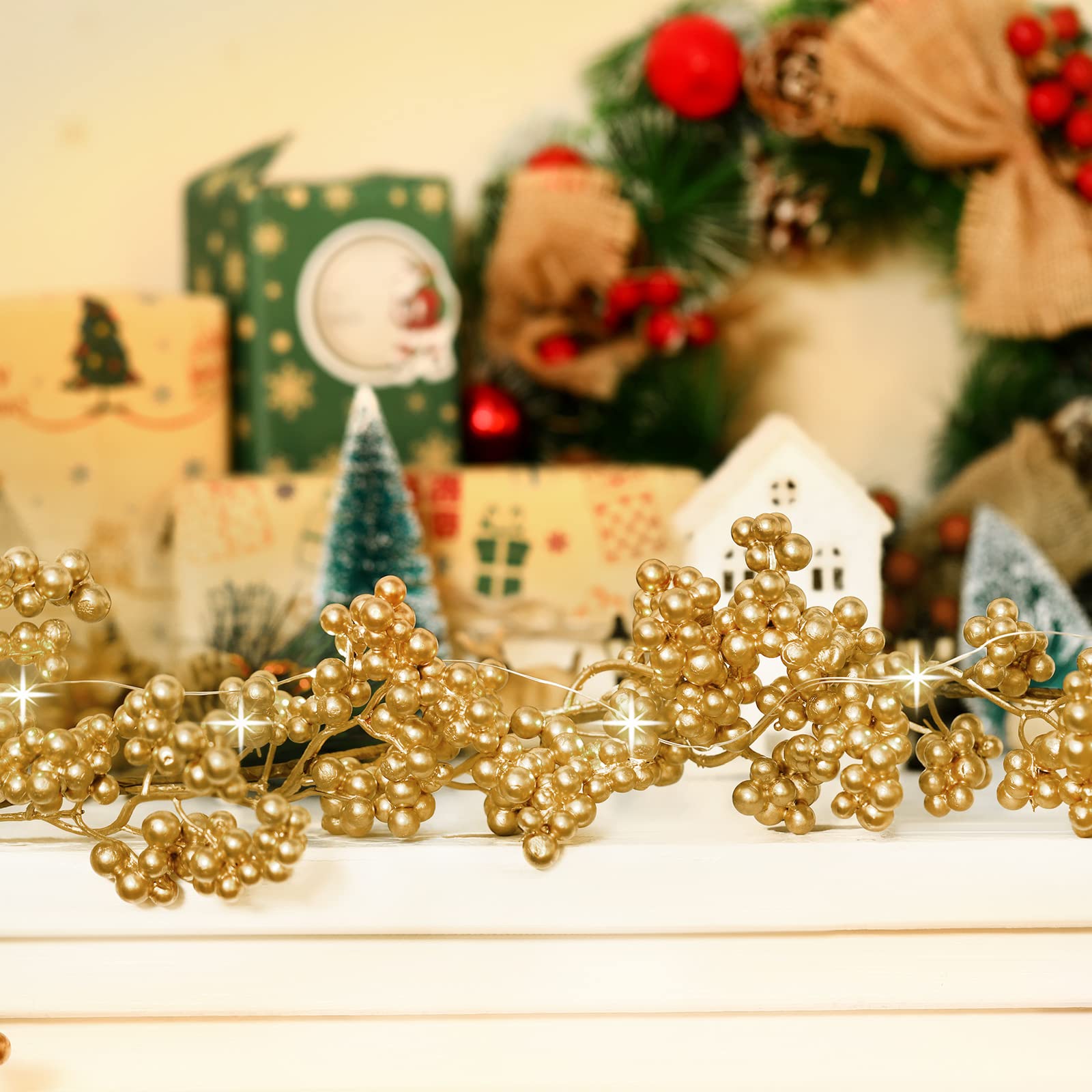 Syhood Christmas Berry String Garland with Lights Thanksgiving Artificial Lighted Garland for Xmas Winter Tree Decor Home Office