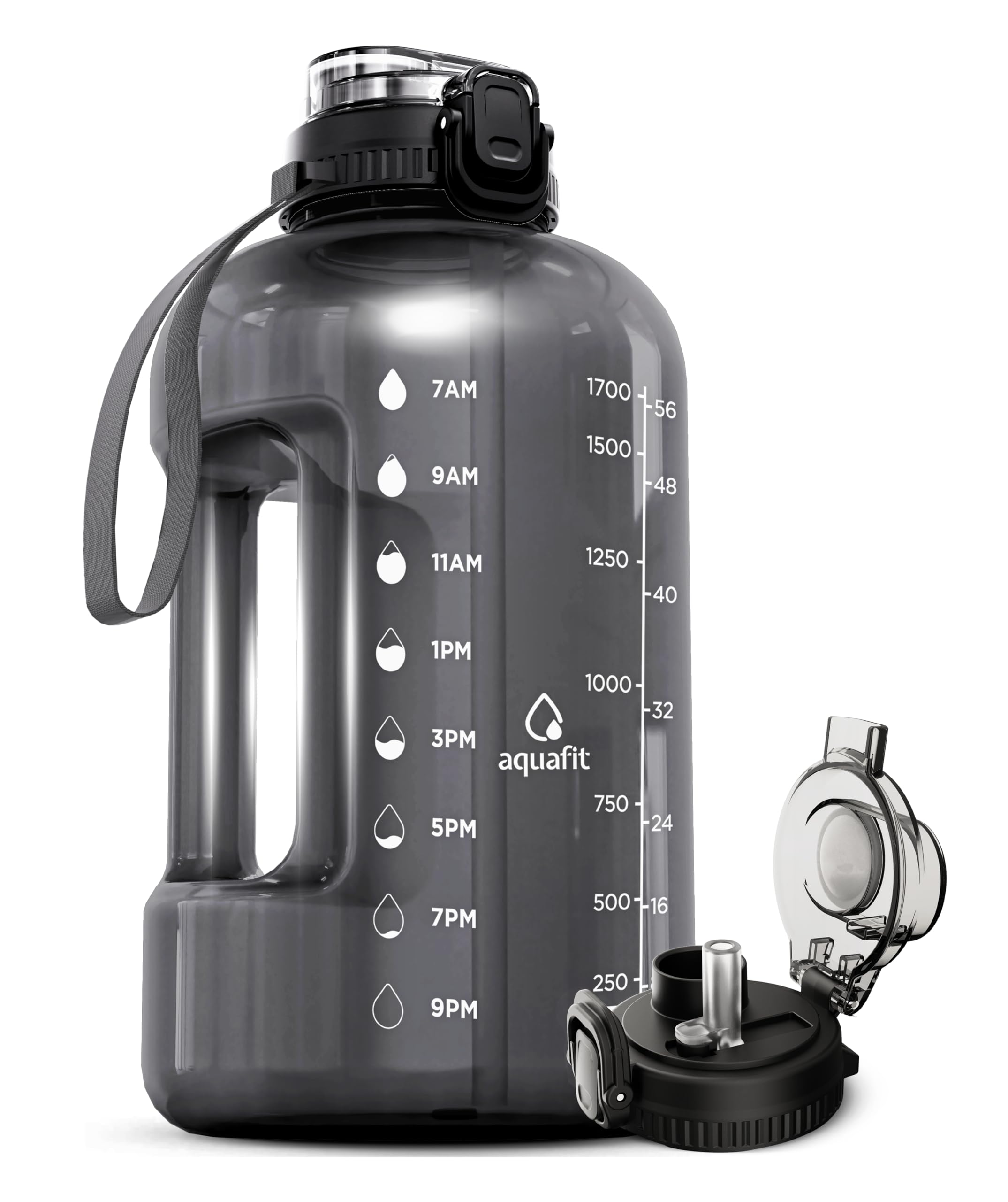 AQUAFIT Half Gallon Water Bottle with Time Marker - Straw & Chug Lid - BPA Free Gym Water Bottle with Straw - Big Gallon Jug (Gr