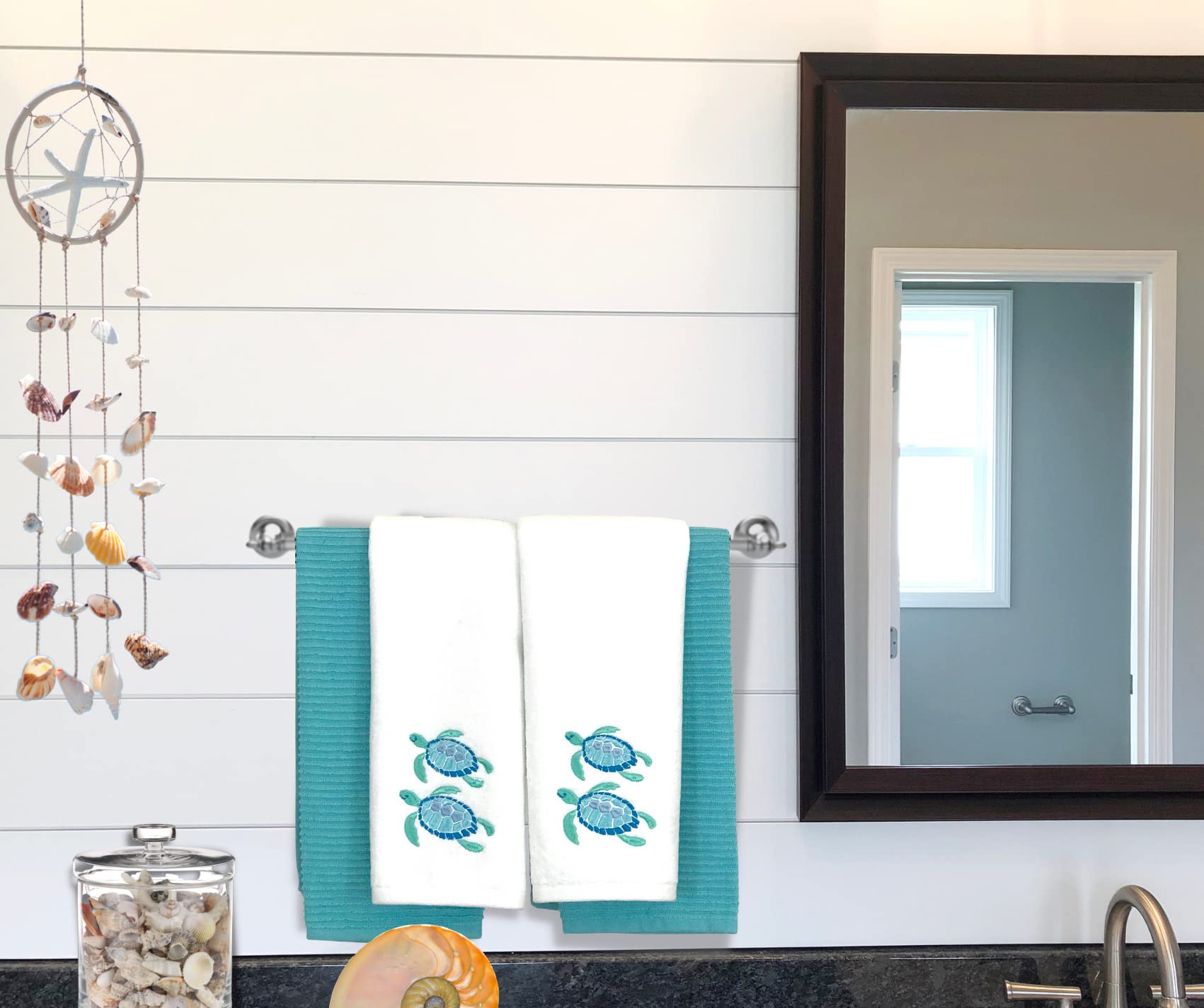 Summer Soft Absorbent Guest Sea Turtle Hand Towels: Bright Aqua Blue Turquoise Embroidery Design, 2 Piece (Sea Turtles)