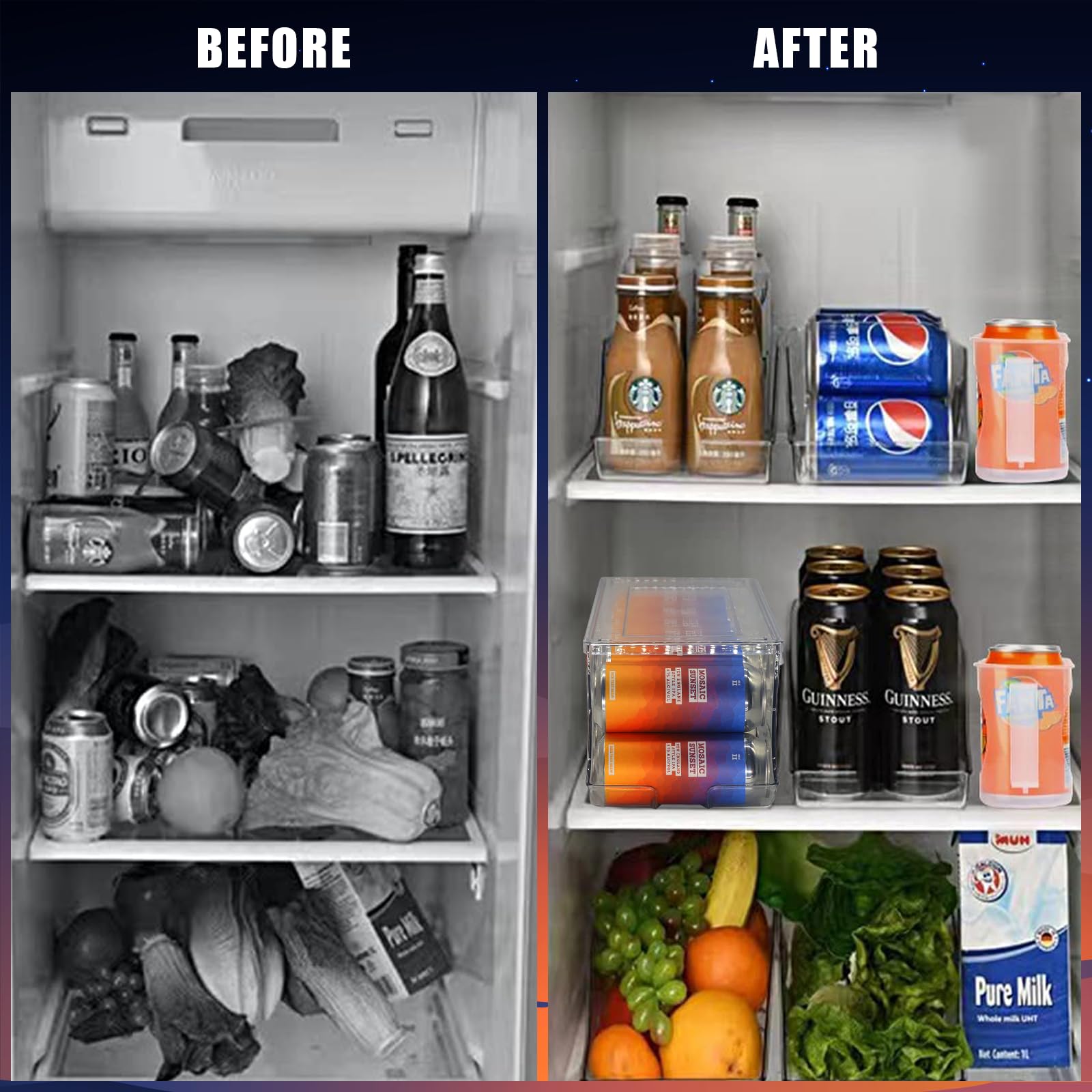 Scavata 2 Pack Tall Skinny Can Organizer For Refrigerator, Stackable Beverage Cans Of 16Oz & 17Oz Energy Drink Container Holder