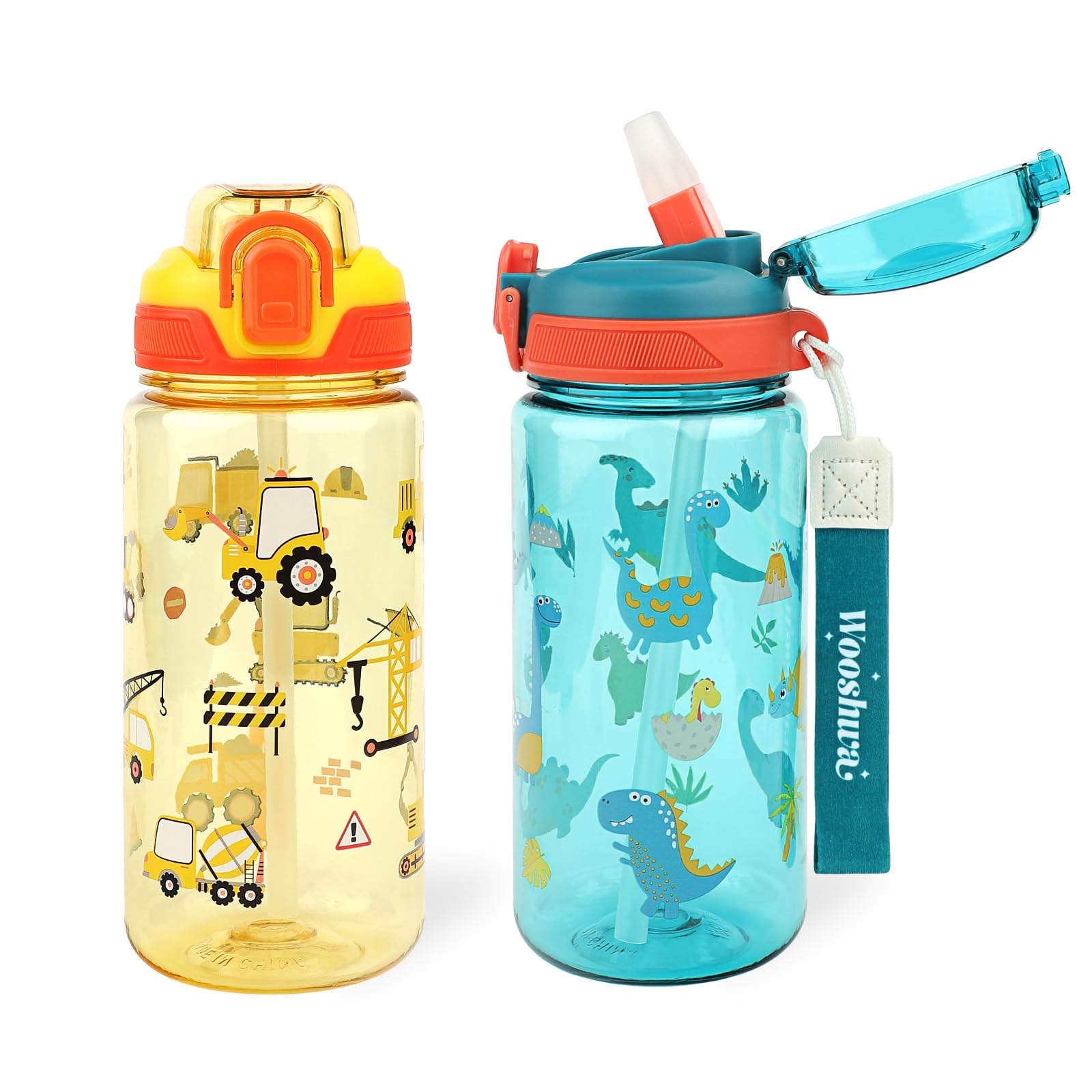 wooshwa Kids Water Bottle for School or Travel, 20 Oz 2 Pack Durable Plastic Water Bottle with Silicone Straw and Pop-Up Spout C