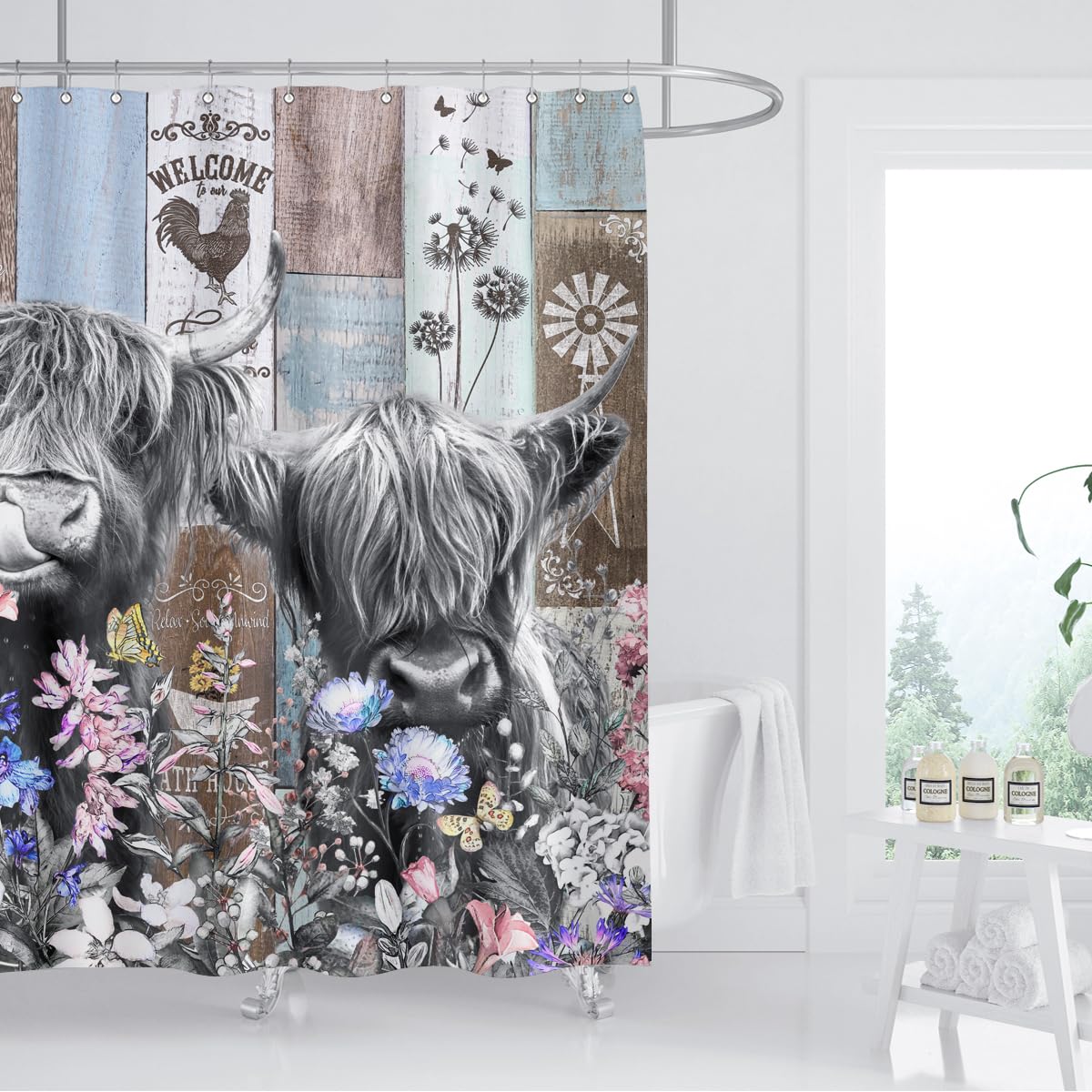 Biysuc Farmhouse Cow Shower Curtain Rustic Funny Highland Cattle Wildflower Windmill Farm Wildlife Animal Wooden Board Country B