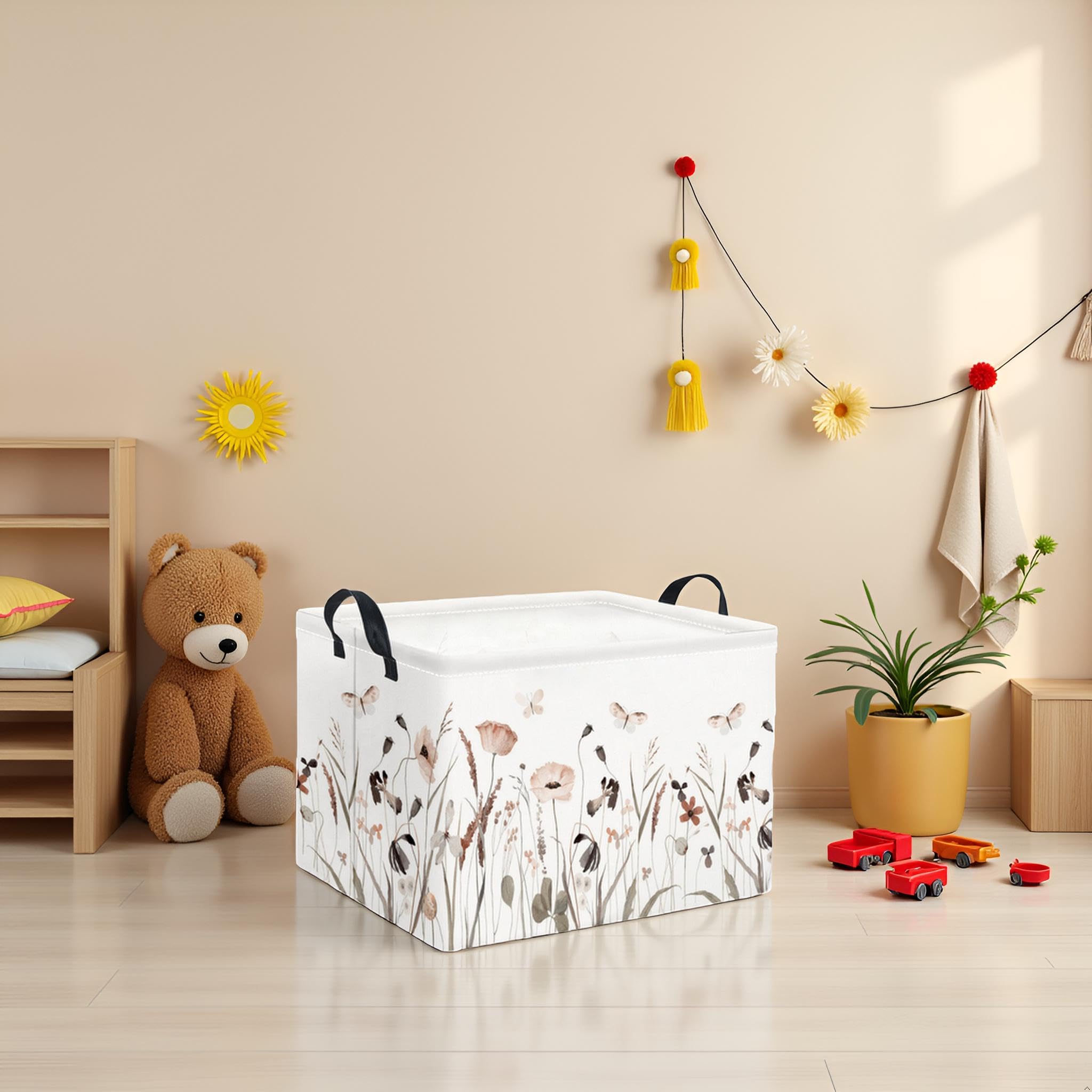 TIBAOLOVER Rectangular Kids Storage Bin Gift Basket Baby Organizer Shelf Book Basket Room Decor(Flower Butterfly)