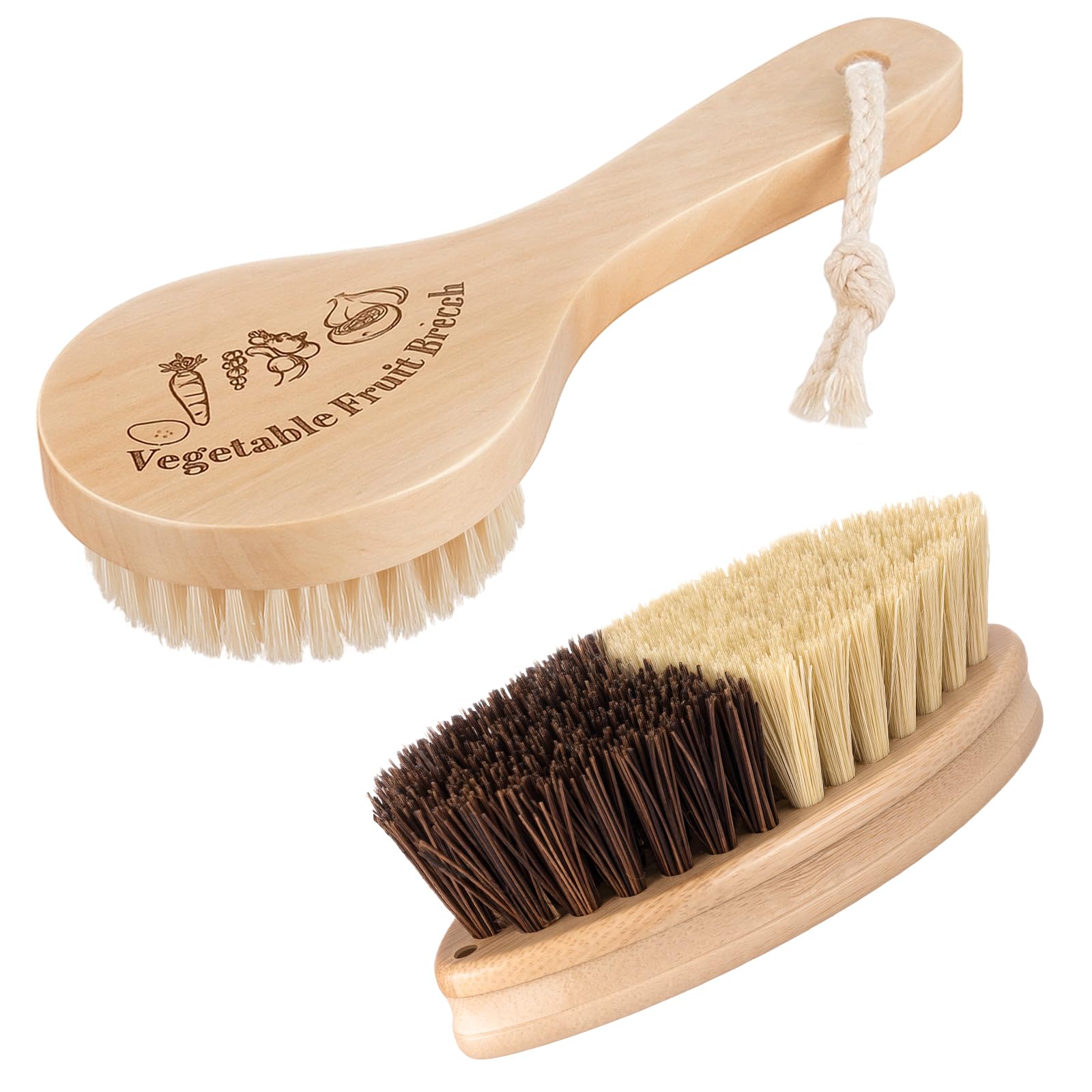 Acellegic 2 Pcs Wooden Potato Scrubber Brushes with Handle Vegetable Brushes for Fruit Food Potato Carrot Cucumber Veggie Produc