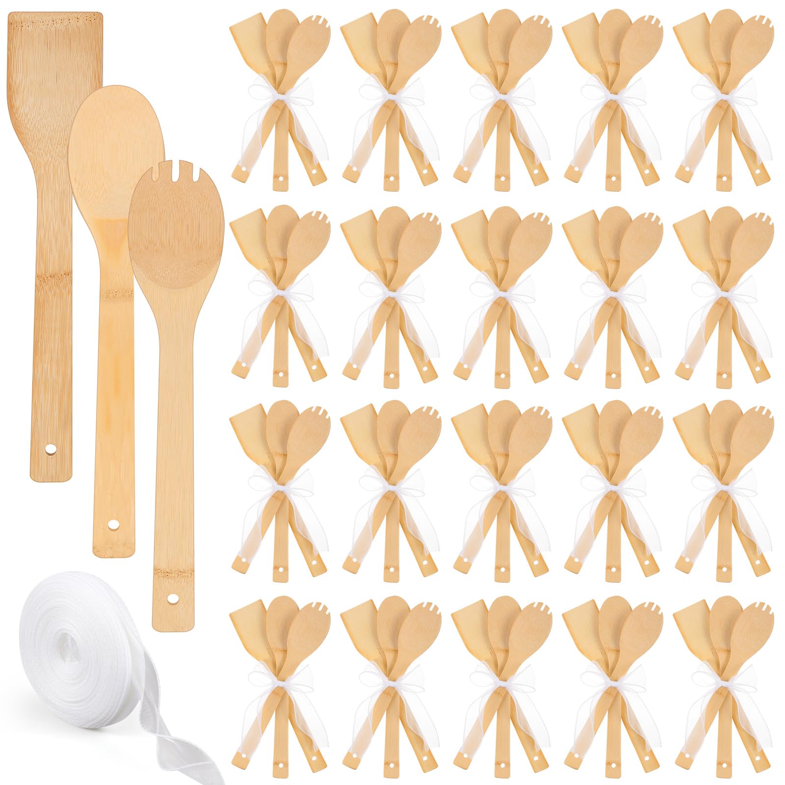 Reallnaive 72 Pcs Bamboo Spatula Wooden Kitchen Utensil Bulk 12wood Spoon Spatula for Cooking with Ribbon Bridal Baby Shower G