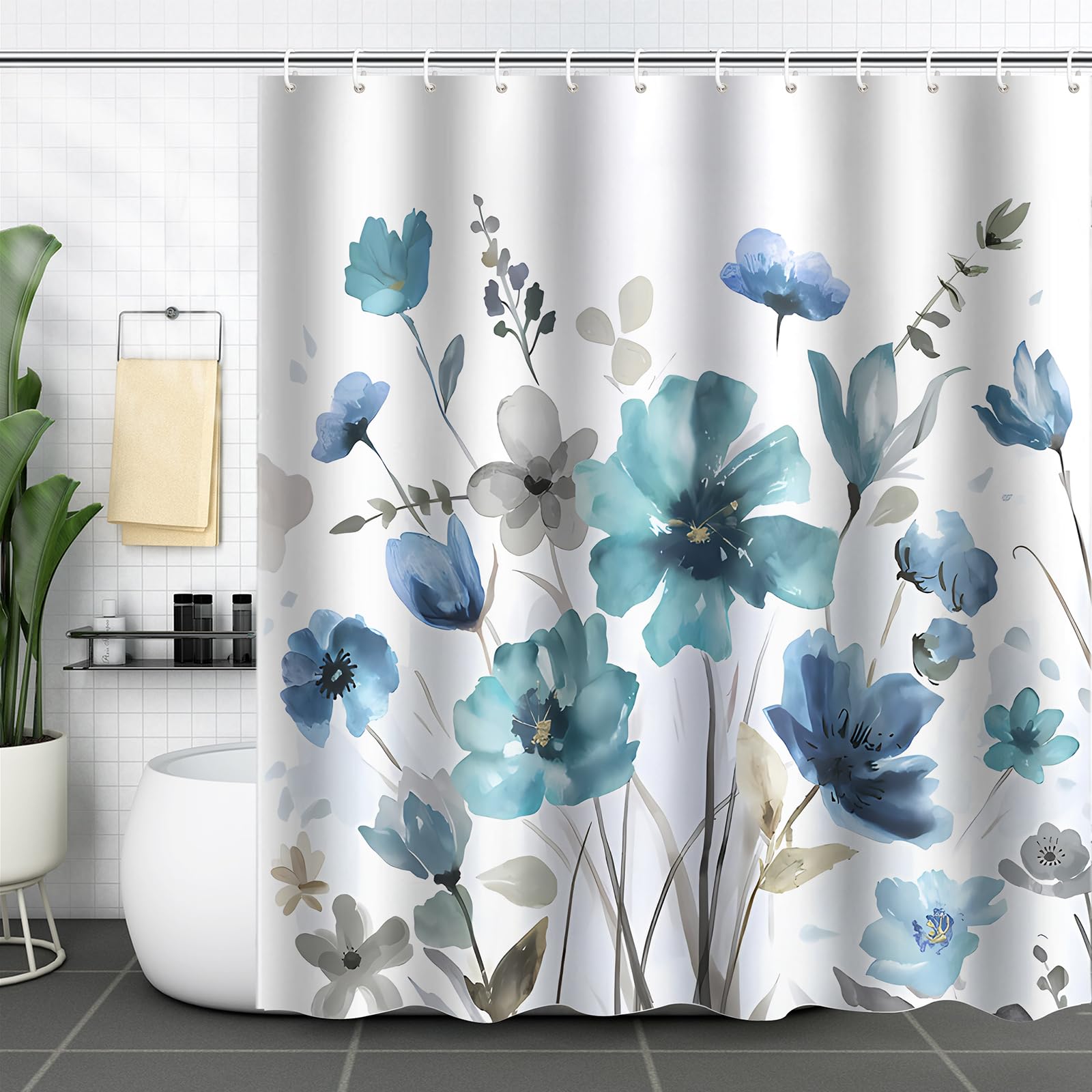 Zchomi Teal Blue Floral Shower Curtain Watercolor Flower Shower Curtain For Bathroom Waterproof Polyester Fabric Bathroom Curtai