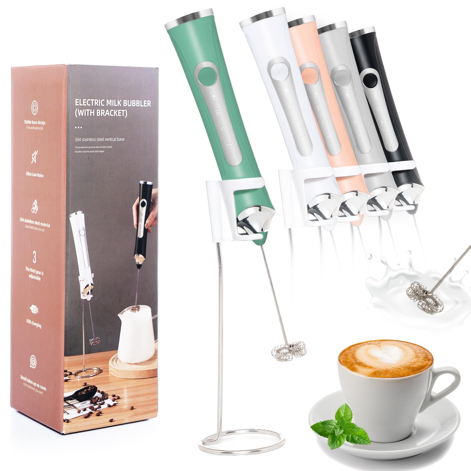 Rechargeable Milk Frother Handheld For Coffee,3 Speeds Frother Wand With Stand, Batidora De Mano Electrica,Coffee Frother With 2