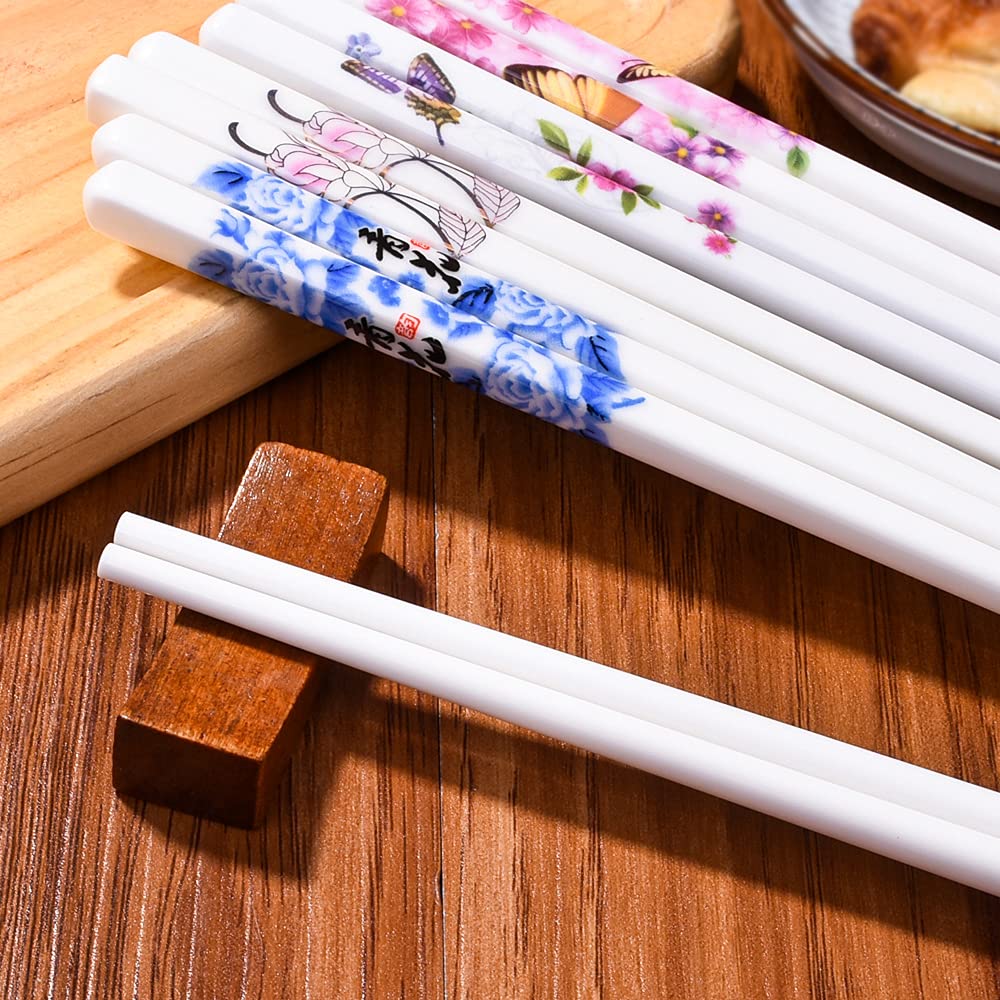 5 Pairs Porcelain Chopsticks, 9.5 Inch High-Grade Bone Chopsticks, Reusable Dishwasher Safe