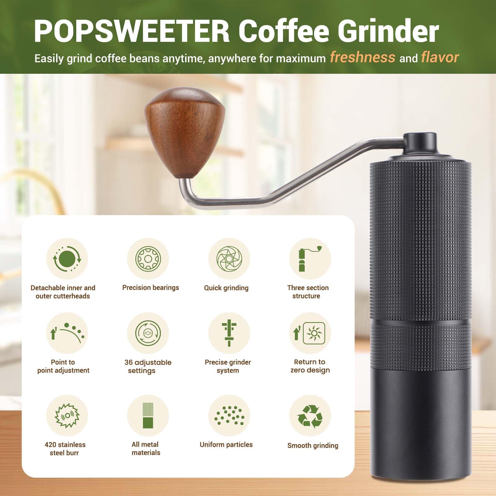 Manual Coffee Bean Grinder,Popsweeter C38 Hand Coffee Grinder With Stainless Steel Conical Grinding Burr For Espresso,Pour Over,