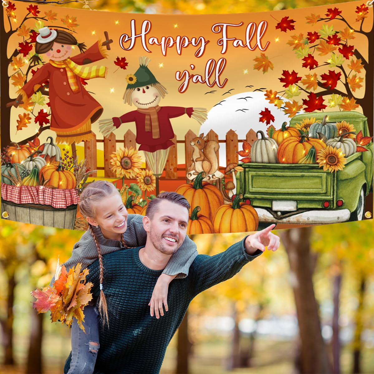 Happy Fall Yall Backdrop Decorations, Large Polyester Scarecrow Maple Leaves Fall Backdrops Banner for Photography Thanksgiving