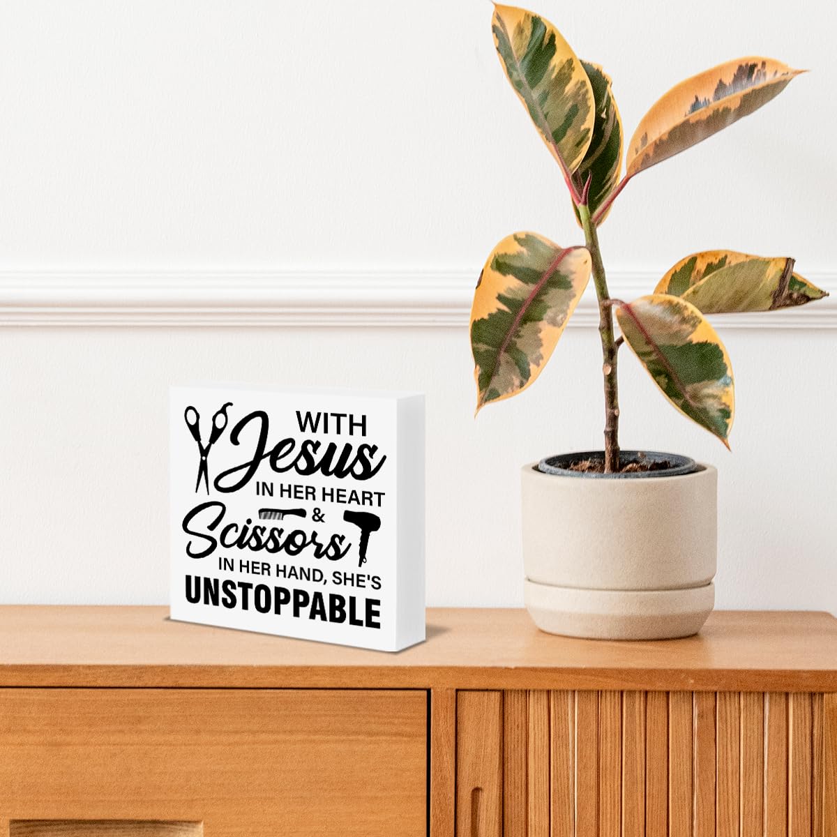 Hair Salon Decor Hairdresser Hairstylist Gifts for Women, Hair Stylist Wood Sign with Jesus in Her Heart and Scissors Wooden Box