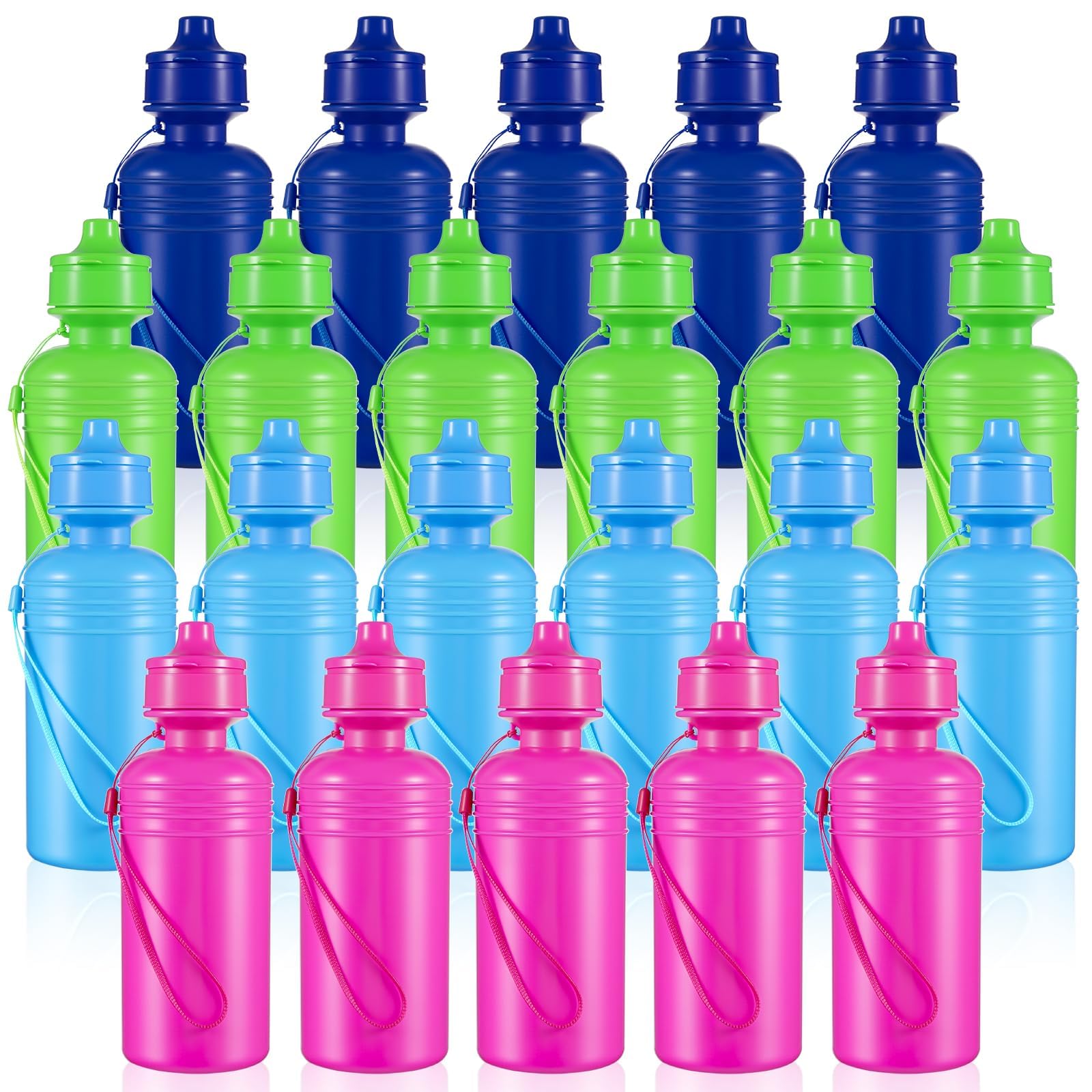 Plastic Water Bottles 22 Pack Bulk Sports Cycling Water Bottles 21 oz with Nylon Strap Leak Squeeze Reusable BPA Free Proof Cup 