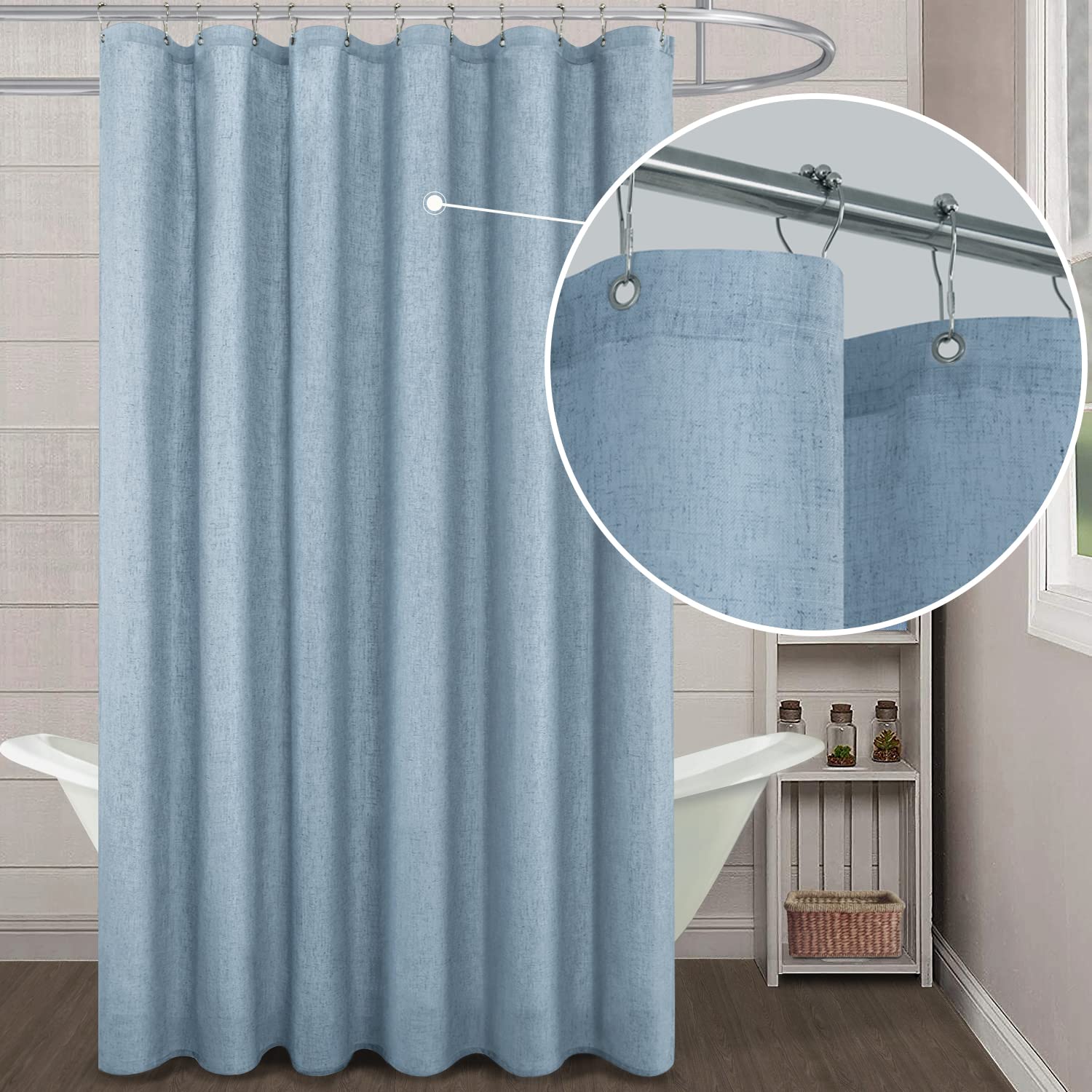 Koufall Light Blue Shower Curtain Liner Linen Fabric Waterproof Washable Pretty Boho Vintage Shower Curtains For Bathroom Decor