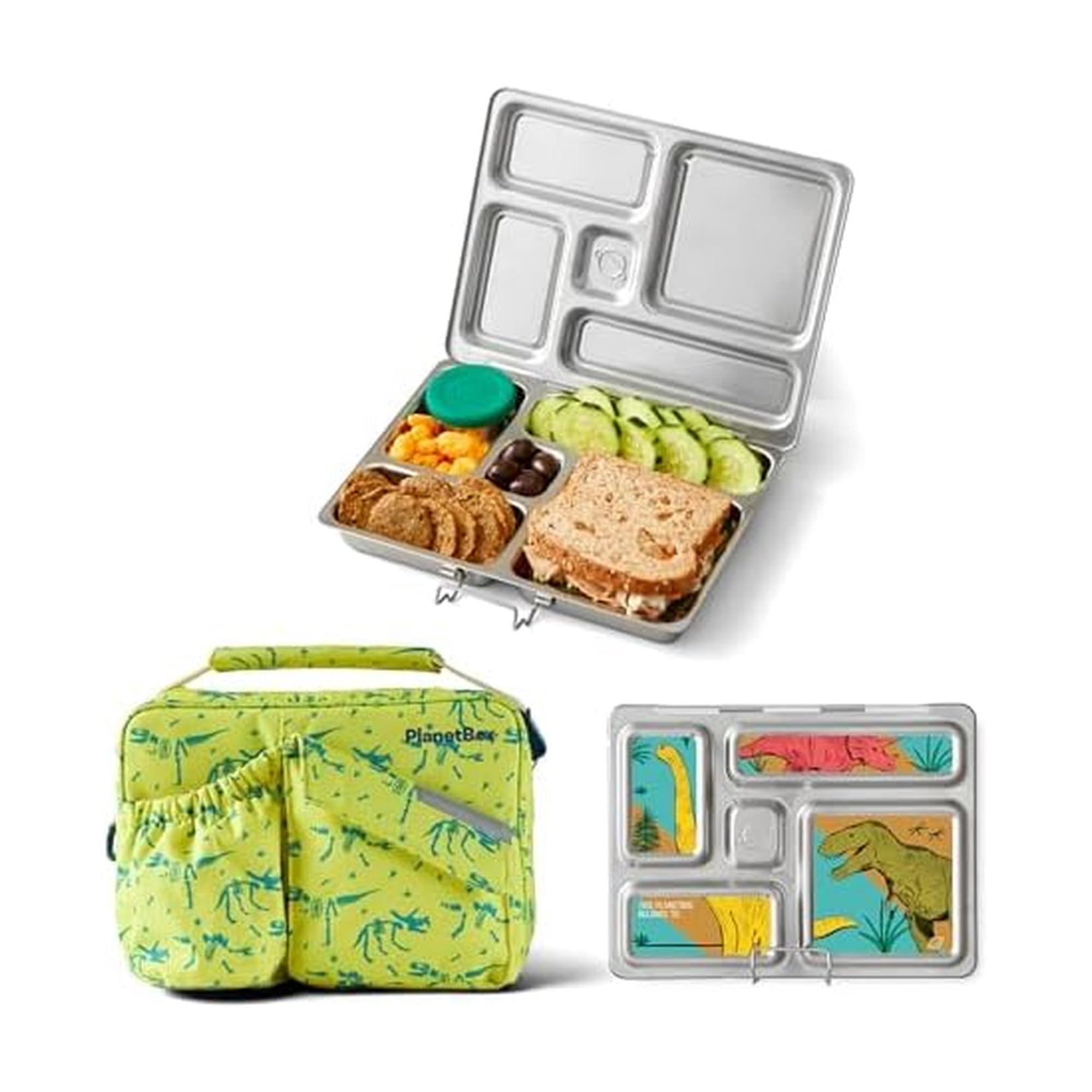 PlanetBox Rover Stainless Steel Bento Box Style Lunch Box Kit for Kids with 5 Compartments, Dino Dig Edition includes Insulated 