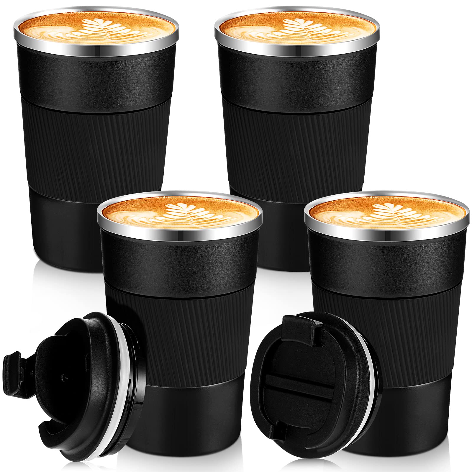 Sabary 4 Pack 16 Oz Stainless Steel Travel Tumbler Bulk Vacuum Insulated Coffee Mug Black Double Wall Thermal Coffee Cup With Li