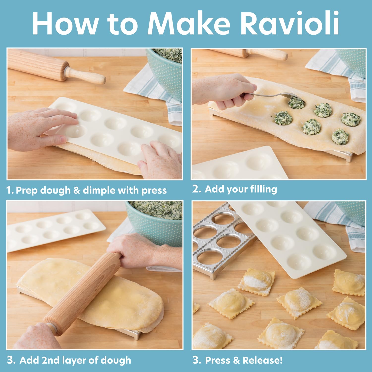 Ravioli Maker By Cucina Pro - Includes Tray And Press Tool - Makes 12 Italian, Authentic Raviolis At A Time, Xl 1 34 Inch Square