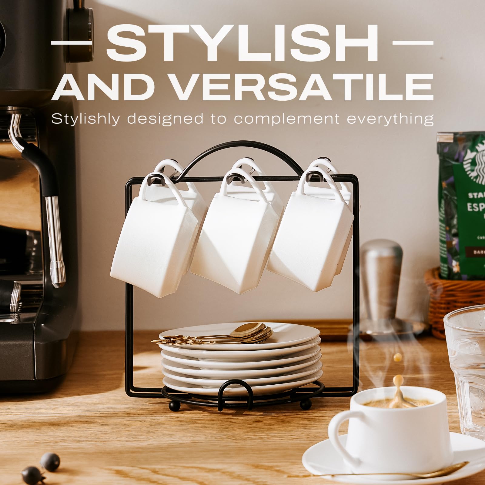 Lareina Espresso Cups With Saucers, Spoons And Metal Stand, Small 4 Oz Ceramic Cappuccino Coffee Cups Set Of 6, Cute Demitasse C