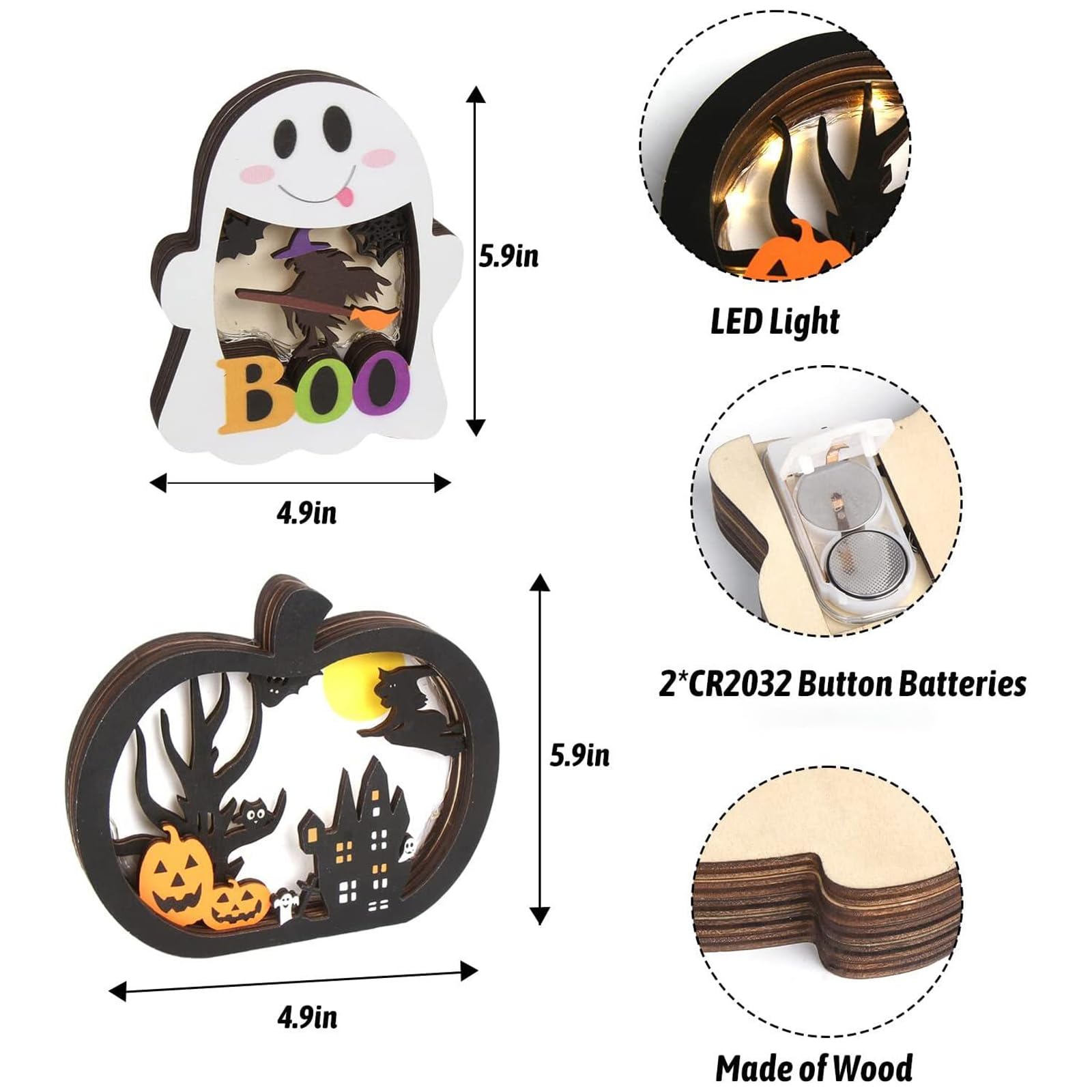 CCINEE 2pcs Halloween Lighted Wooden Table Decoration, Ghost Pumpkin Tabletop Centerpieces LED Boo Spooky Sign for Trick or Trea