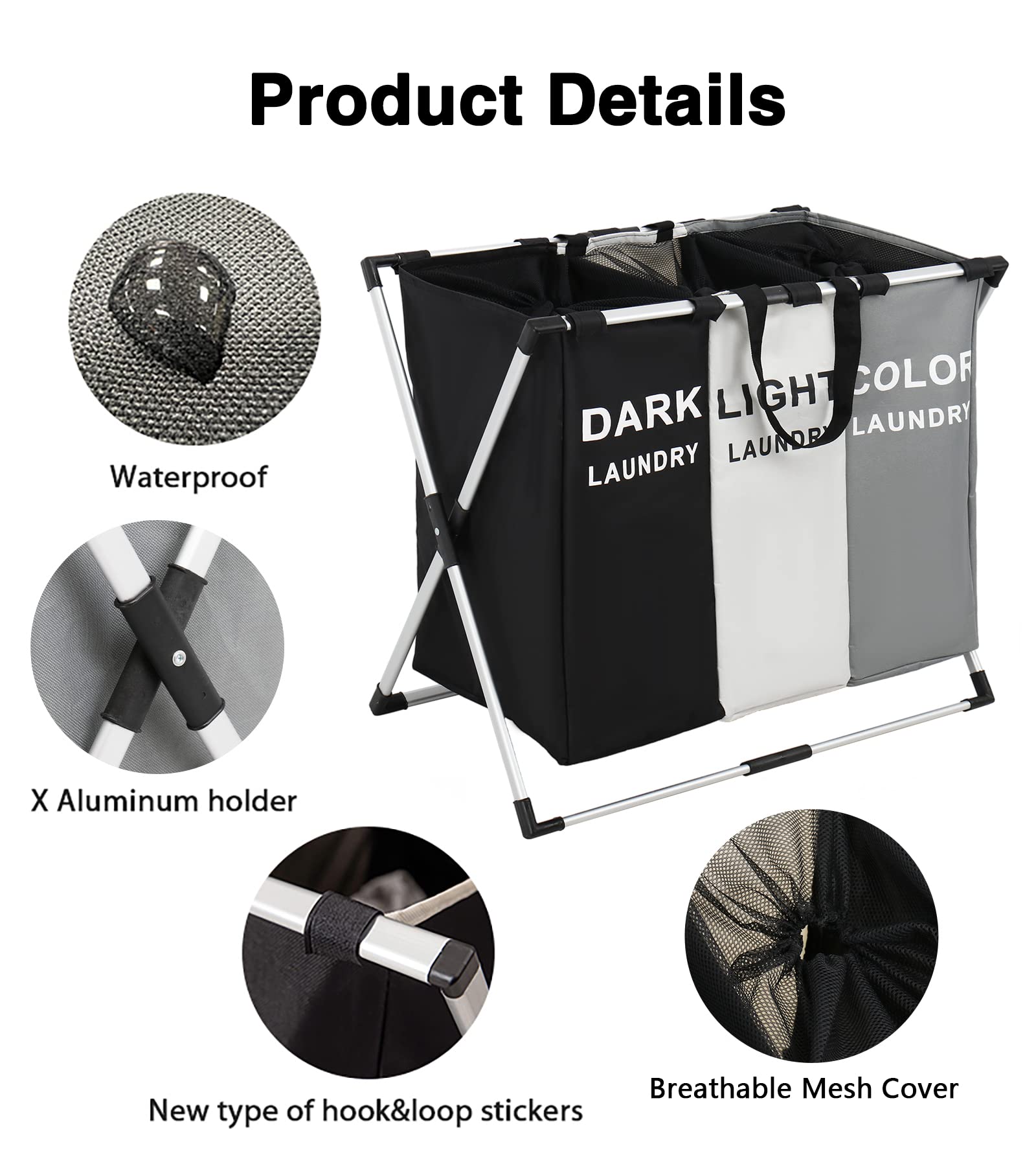 Laundry Basket Hamper 3 Section Dirty Clothes Hamper With Mesh Cover Foldable Aluminum Frame Laundry Sorter Organizer For Bathro
