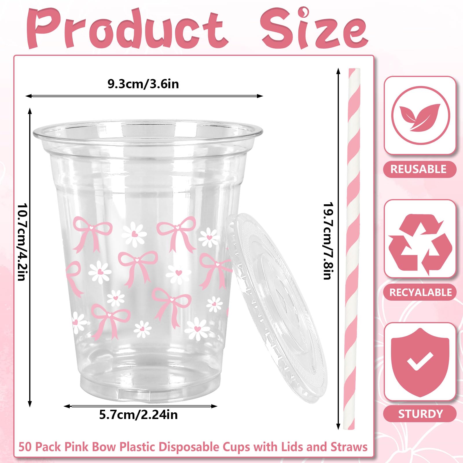 Jarthenaamcs 50 Pcs Pink Bow Plastic Cups With Lids And Straws Pink Bow Daisy Clear Plastic Cups 12 Oz Disposable Cups For Valen