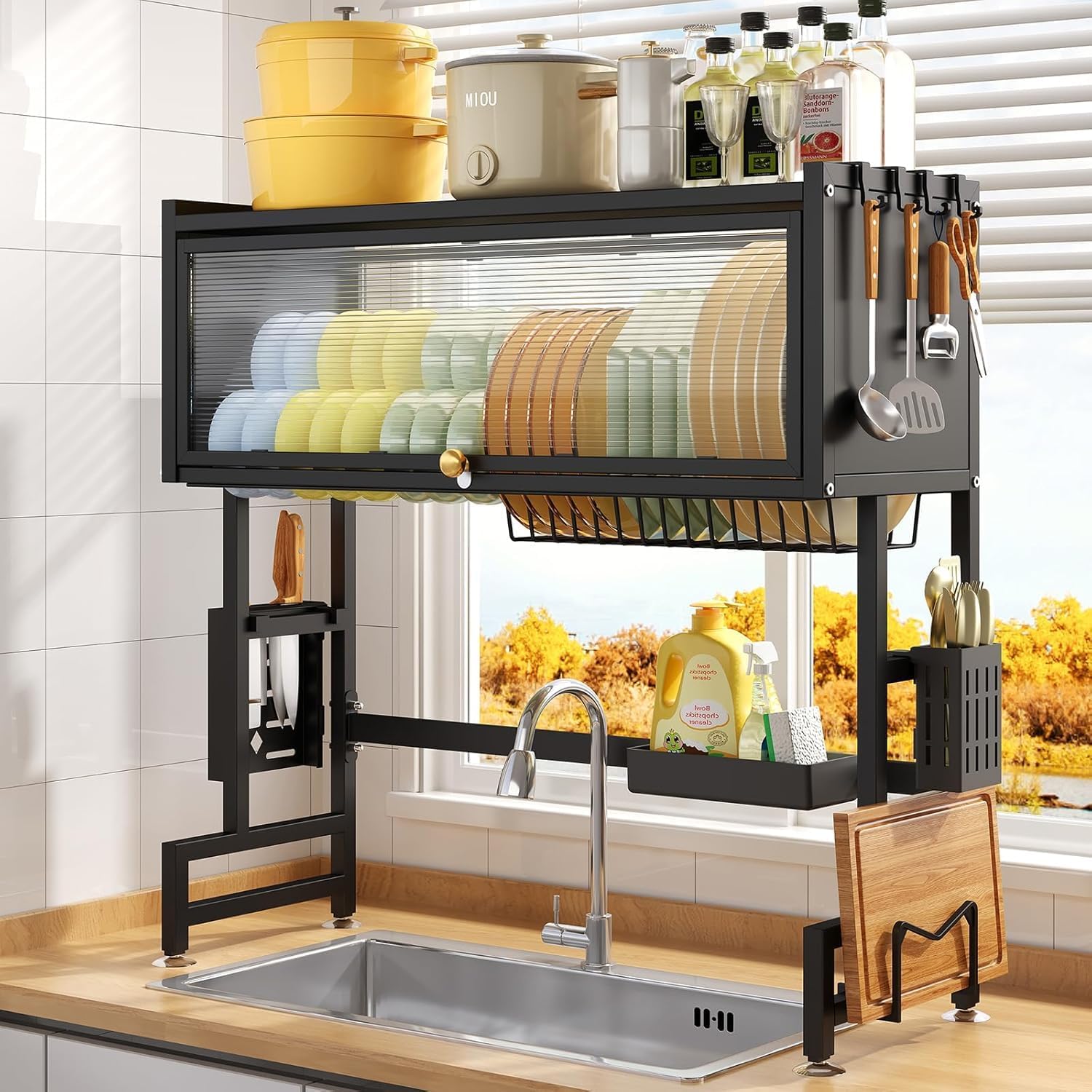 Homecloud OverTheSink Dish Drying Rack With Dustproof Flip Cover Door | Multifunctional Adjustable Metal Kitchen Countertop Or