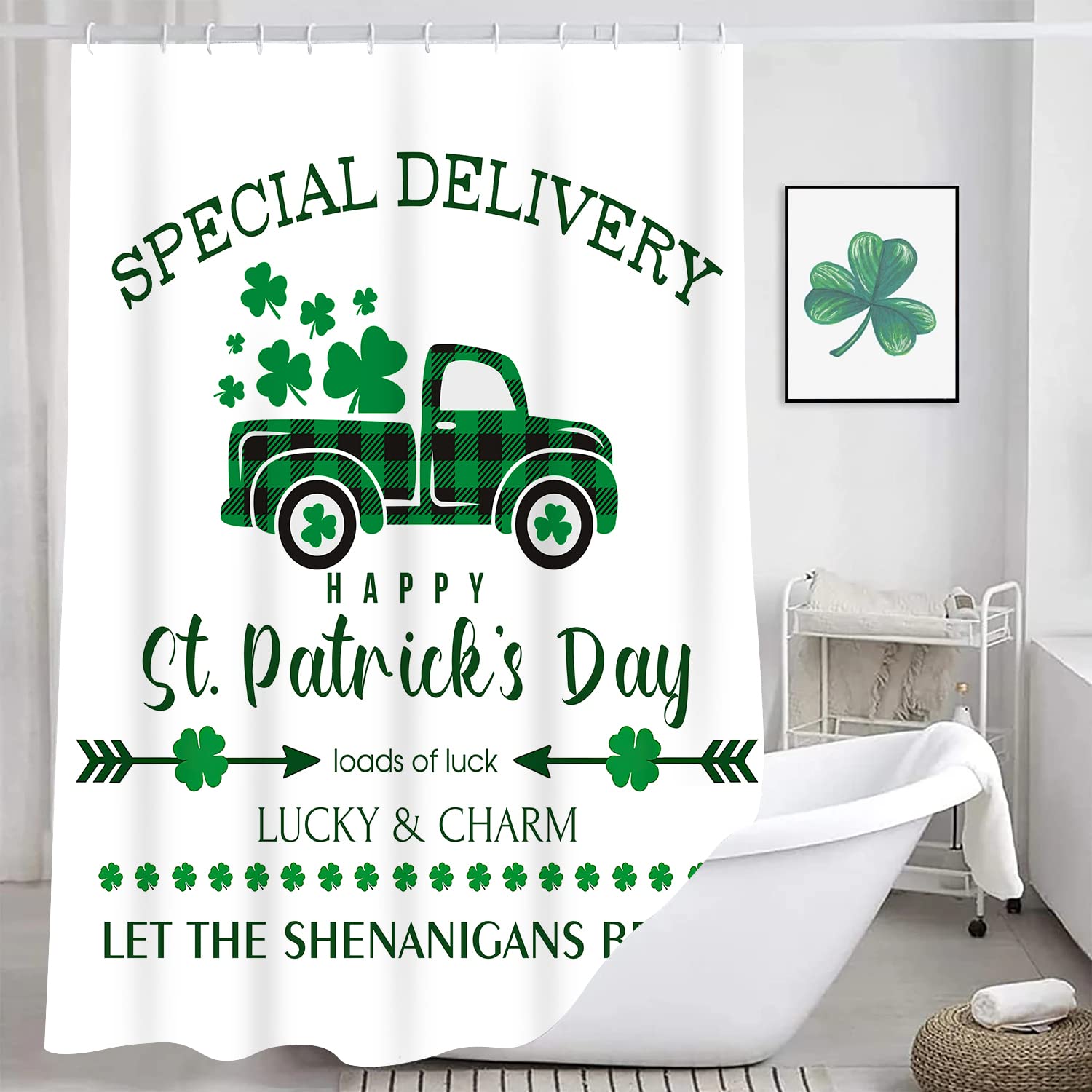 Jbralid Happy St Patrick'S Day Shower Curtain Buffalo Check Plaid Clover Truck Loads Of Luck Lucky And Charm Bath Curtain Farmho