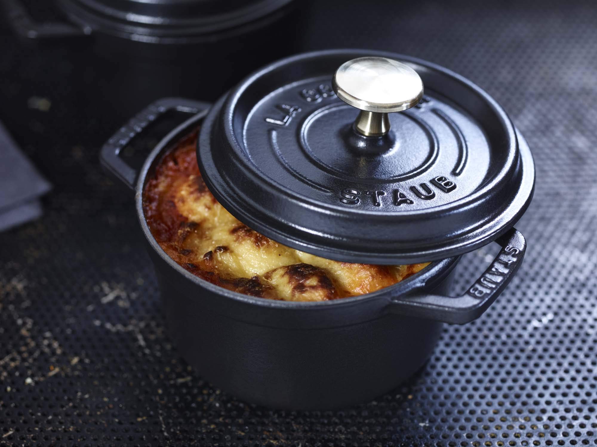 Staub Cast Iron Dutch Oven 0.75-Qt Round Cocotte, Made In France, Serves 1, Matte Black