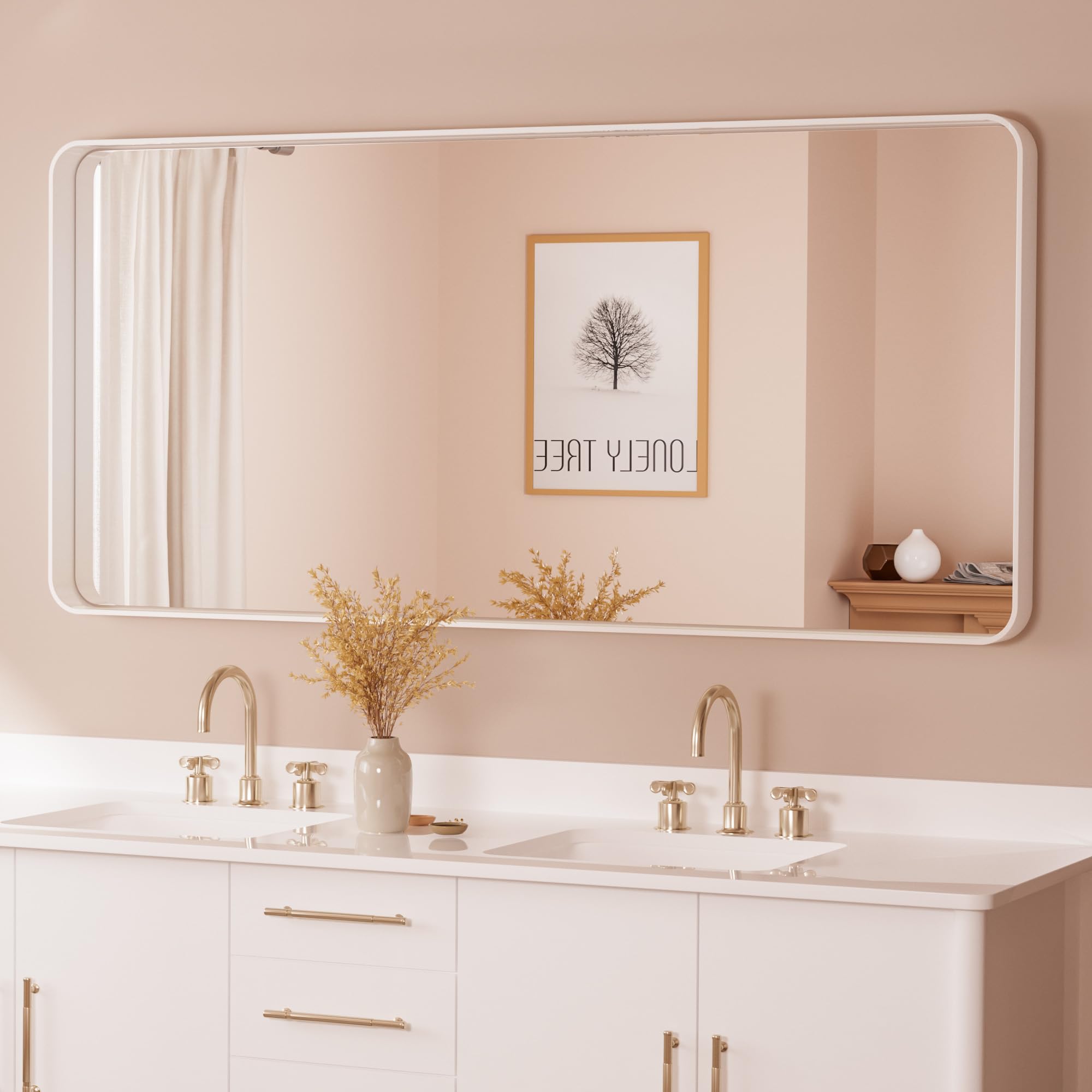 Tetote 60 X 28 Inch White Framed Bathroom Mirror, Modern Metal Frame Rectangle Modern Farmhouse Wall Mounted Vanity Mirror With