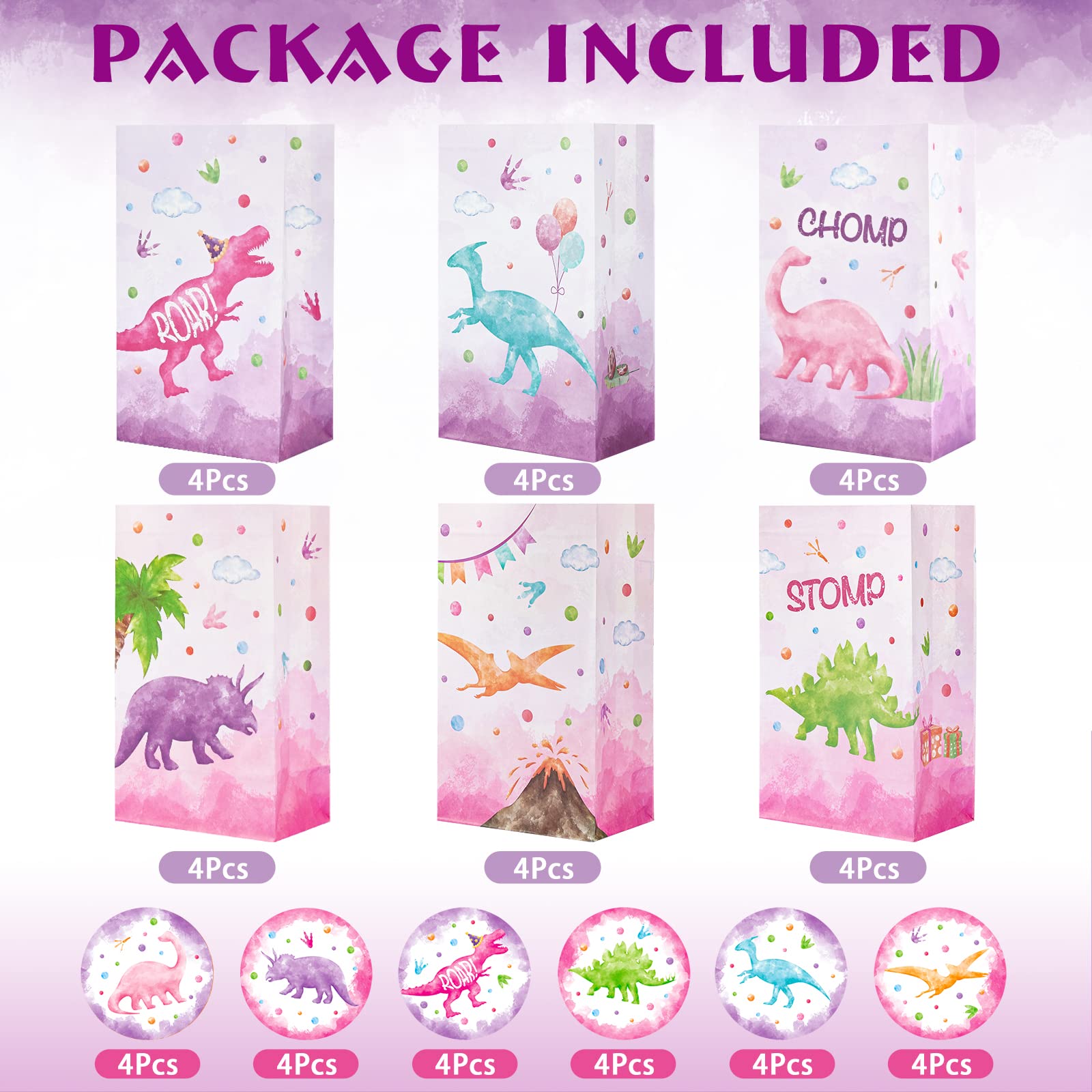 WERNNSAI Watercolor Dinosaur Goodie Bags - 24 PCS Dinosaur Party Supplies for Girls Kids Birthday Gift Bags Dino Theme Party Favors Candy Treat Bags with Stickers Baby Shower