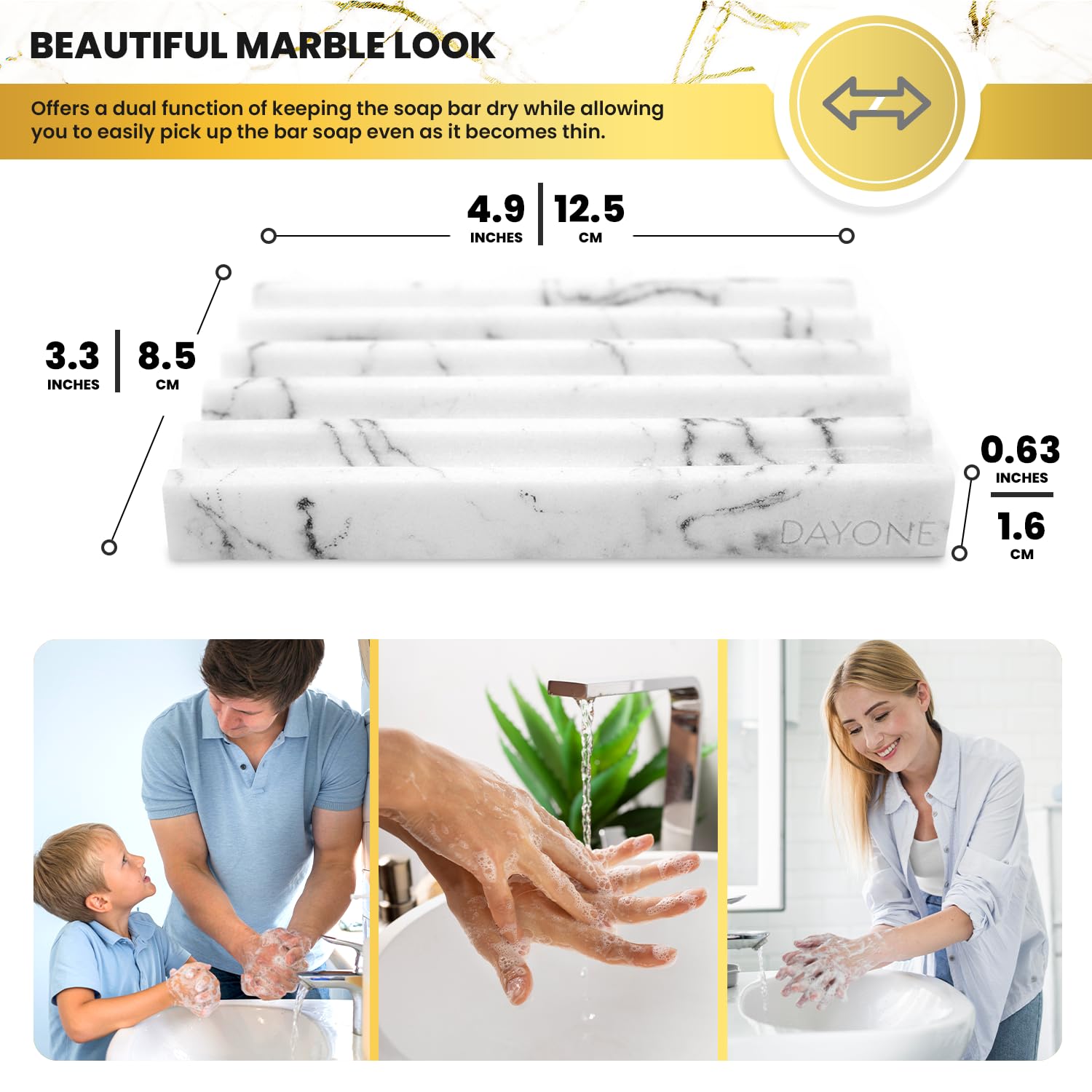 Day1 Soap Holder With Marble Look - Soap Dish With Soap Saver Ridges Rectangle Bar Soap Holder With Non Slip Feet - Soap Tray Fo