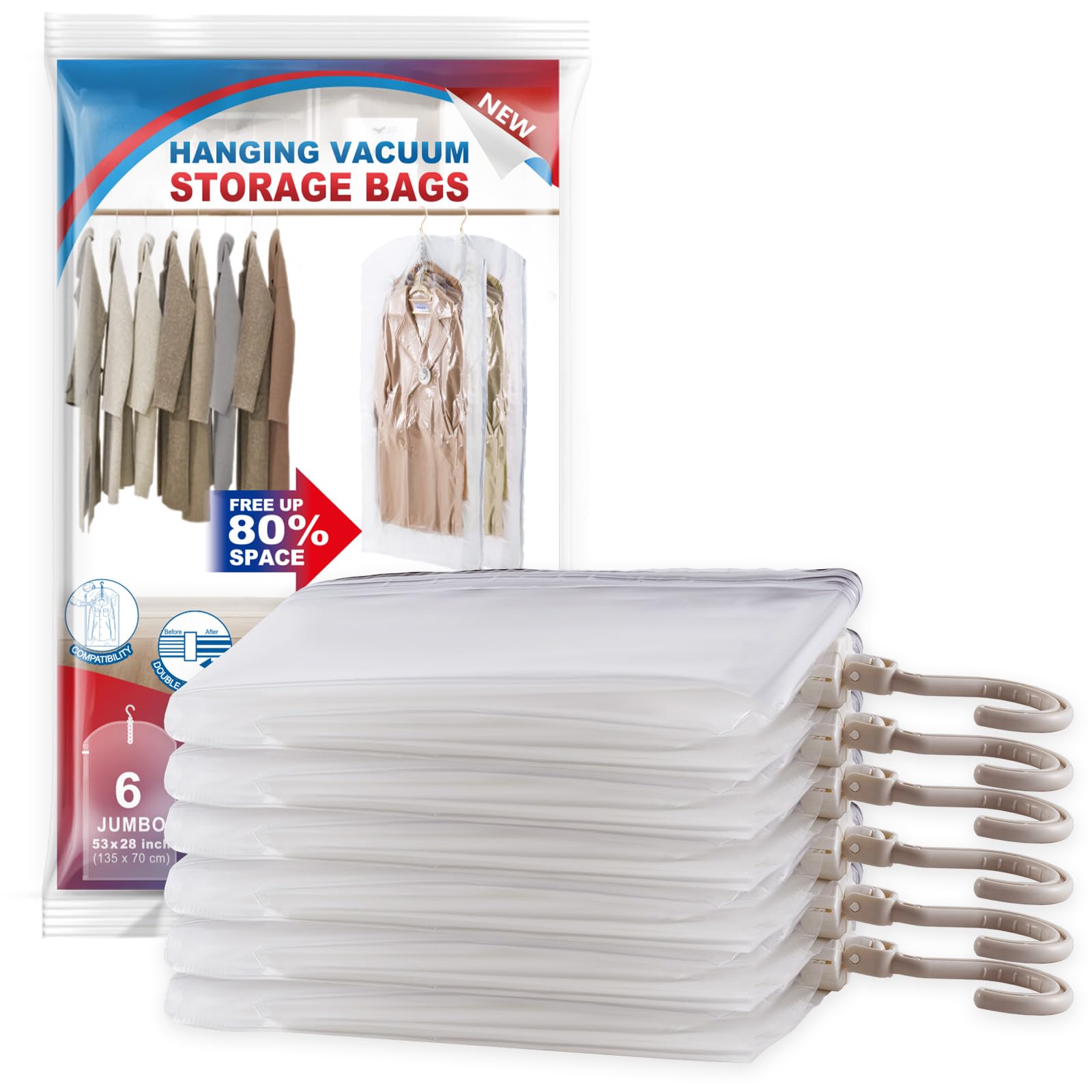 Hanging Vacuum Storage Bags  6 Pack Large Hanging Space Saver Bags  Hanging Storage Bags for Clothes  Vacuum Sealed for Suits  Dress  Jackets  Closet Organizer for Moving Supplies(53.1x27.6 in)